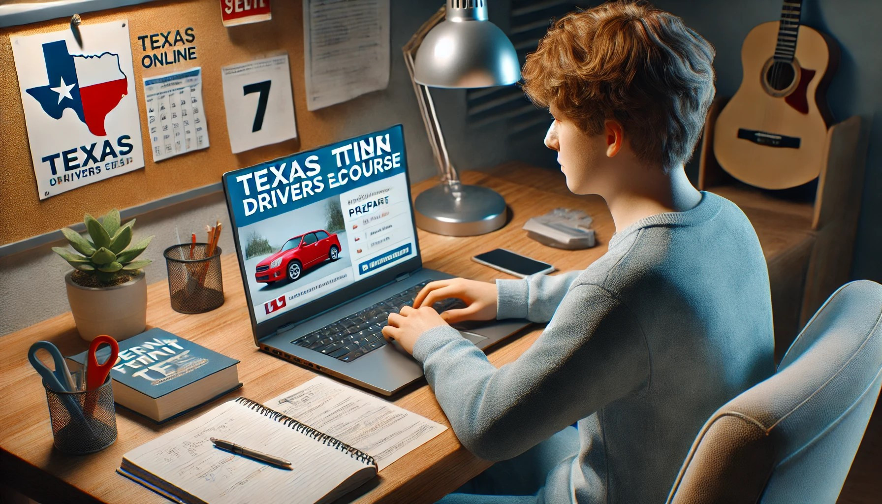 Teen learning Texas Online Teen Drivers Ed on a laptop to prepare for the permit test.