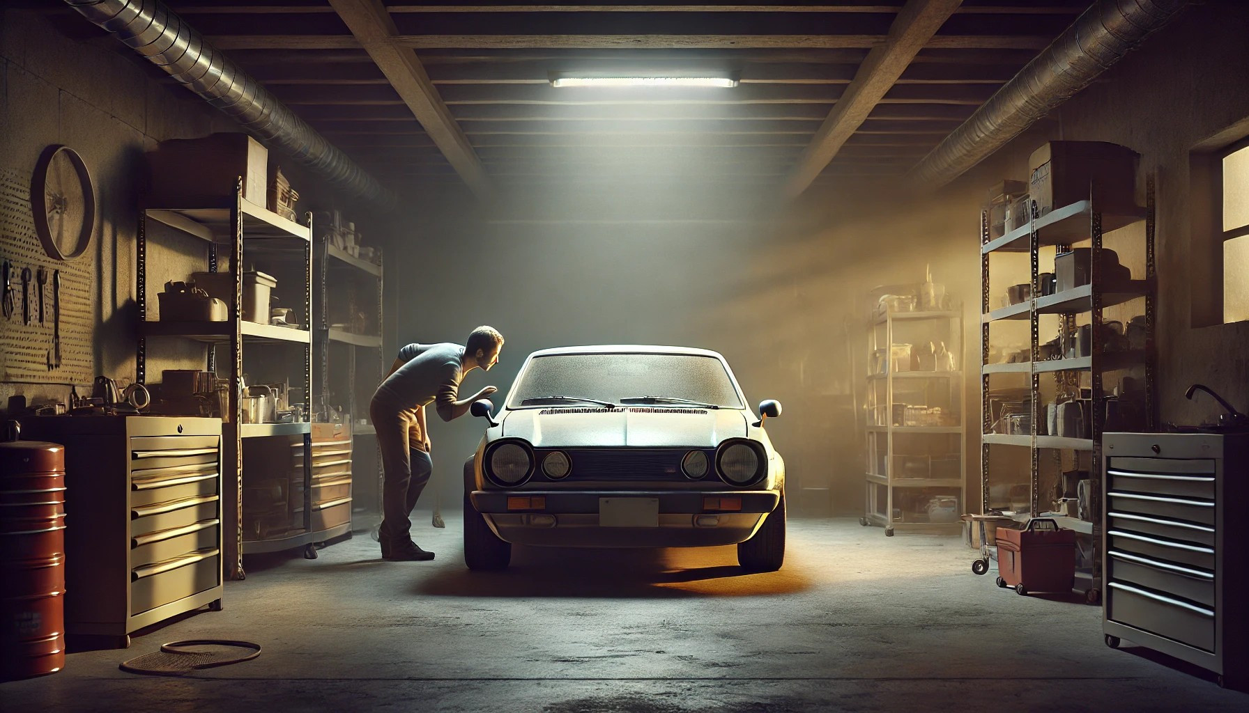 Car parked in a garage being inspected after a long period of not being driven