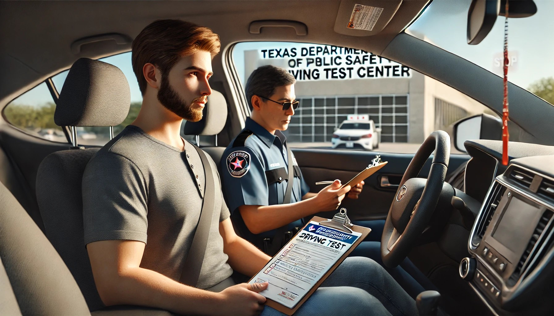 Driver getting ready for the San Antonio driving test with an instructor