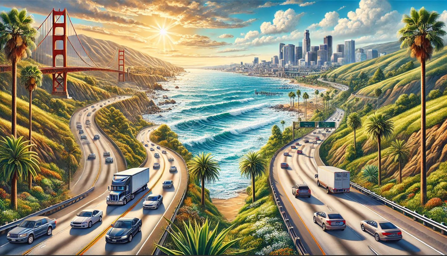 Car driving along California’s coastal highway with scenic ocean views.