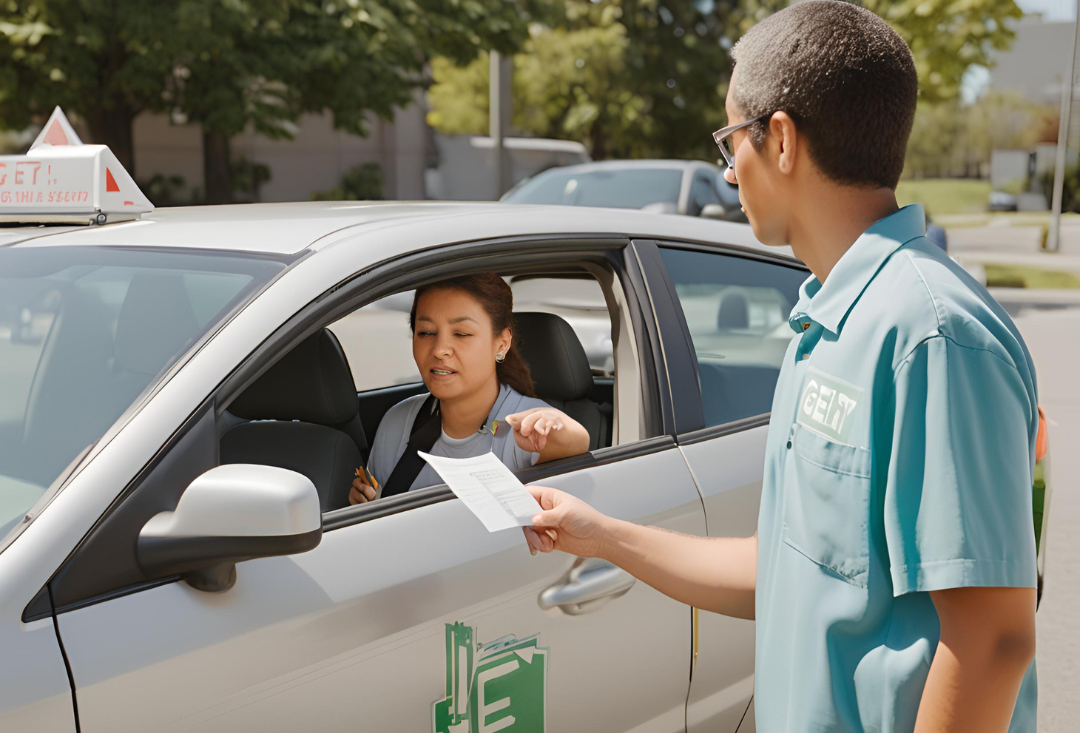 An adult student receiving driving instruction from a Get Drivers Ed instructor.