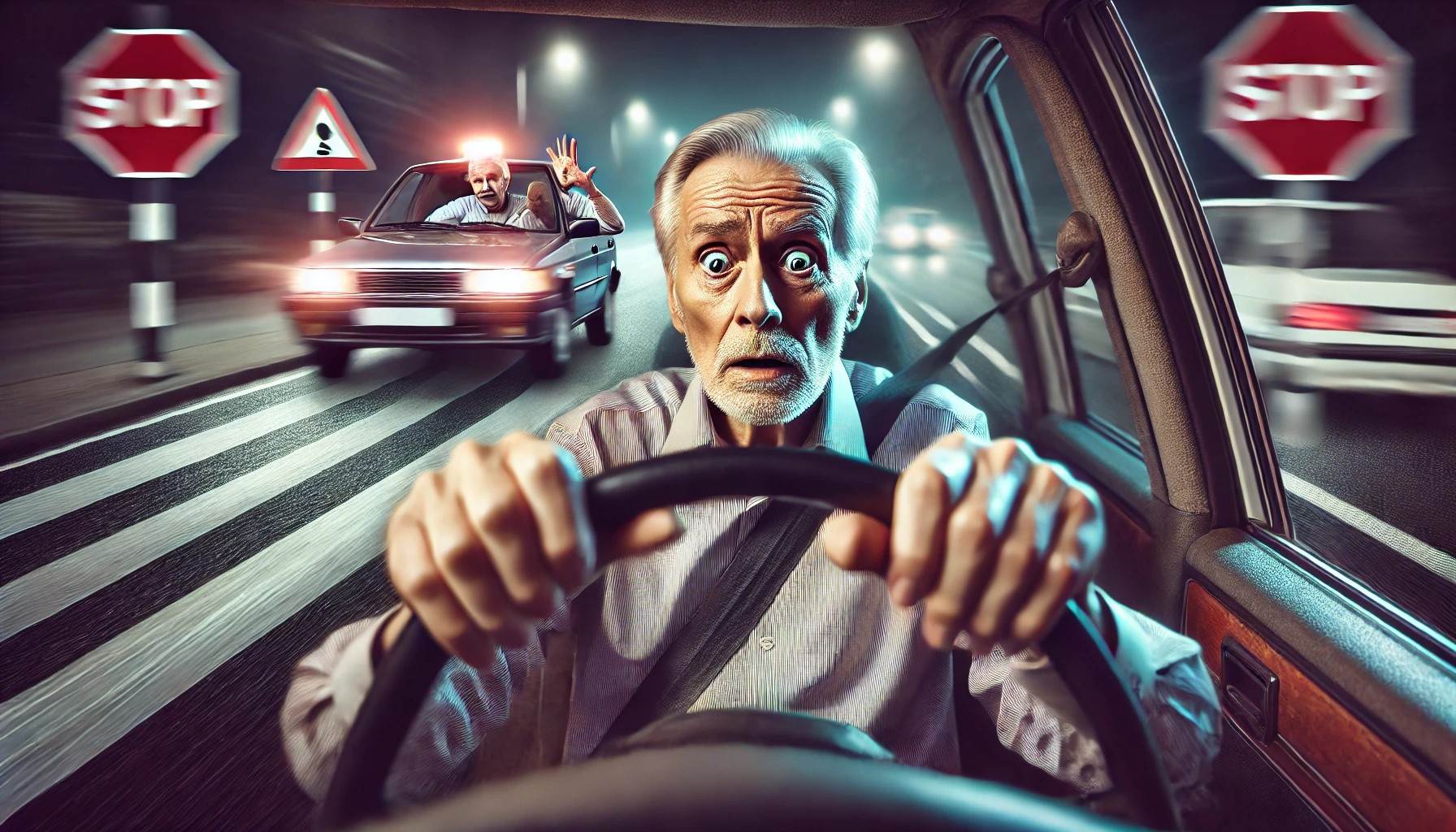 Image showing a senior driver concentrating on the road, with a subtle focus on safety and awareness.