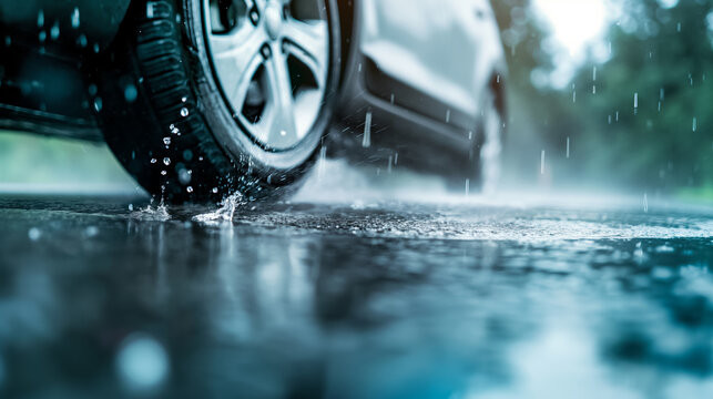 A car safely driving through rain, avoiding hydroplaning by following safe driving practices learned from Get Drivers Ed.