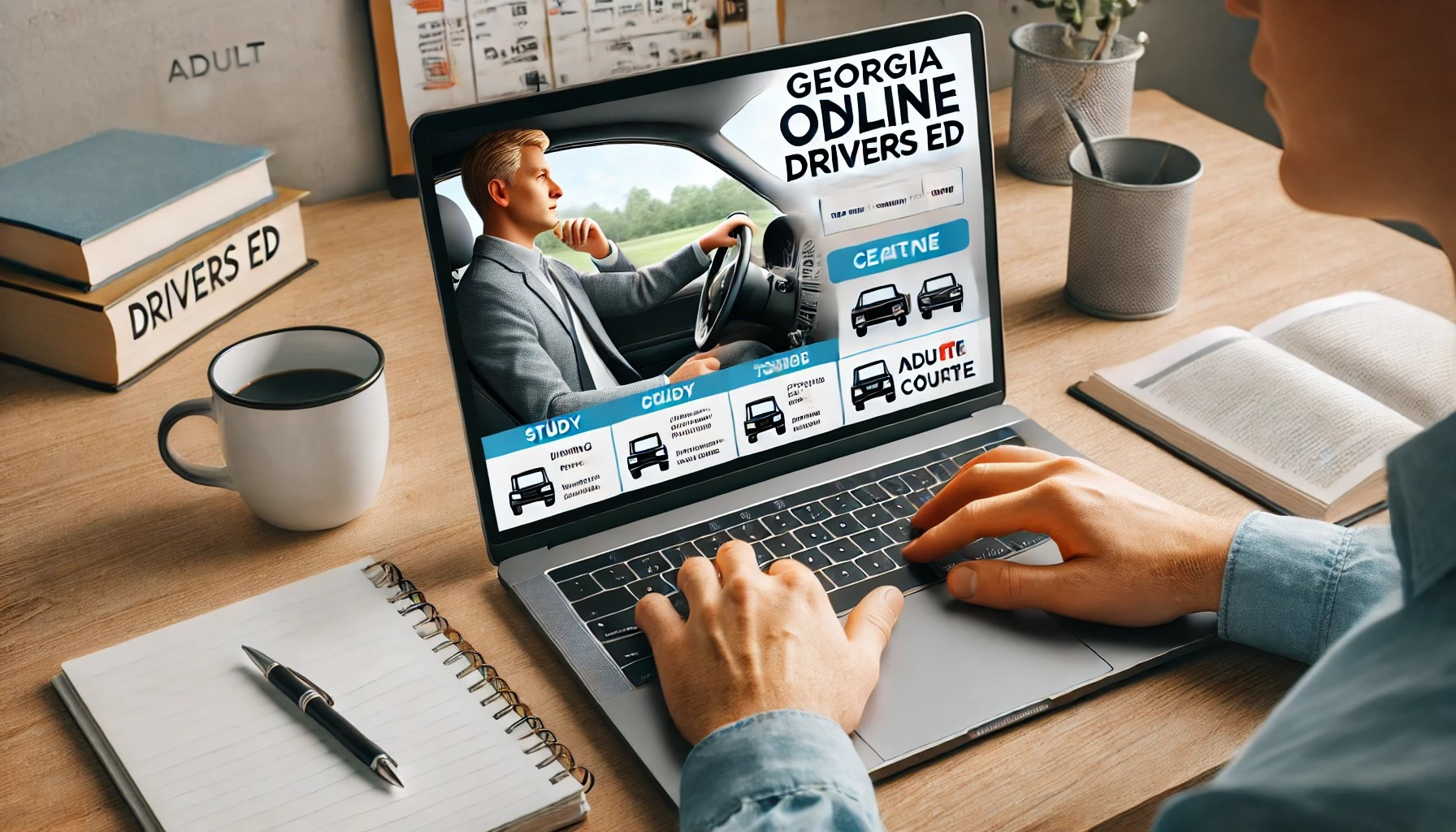 Adult completing Georgia Online Adult Drivers Ed course on a laptop to improve driving skills and prepare for the driving test.