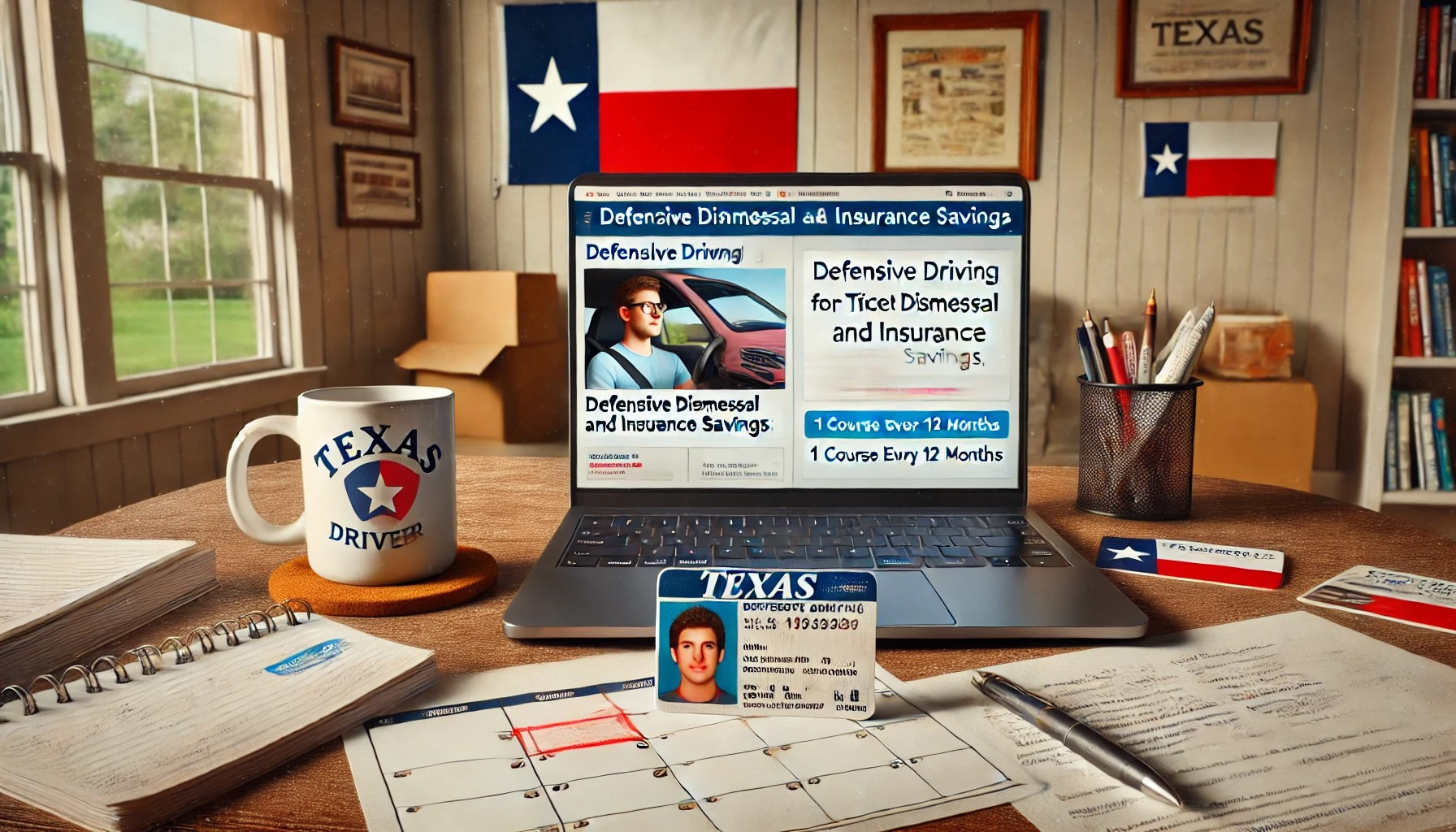 A driver taking an online defensive driving course in Texas, highlighting how often defensive driving can be taken for ticket dismissal and insurance savings.