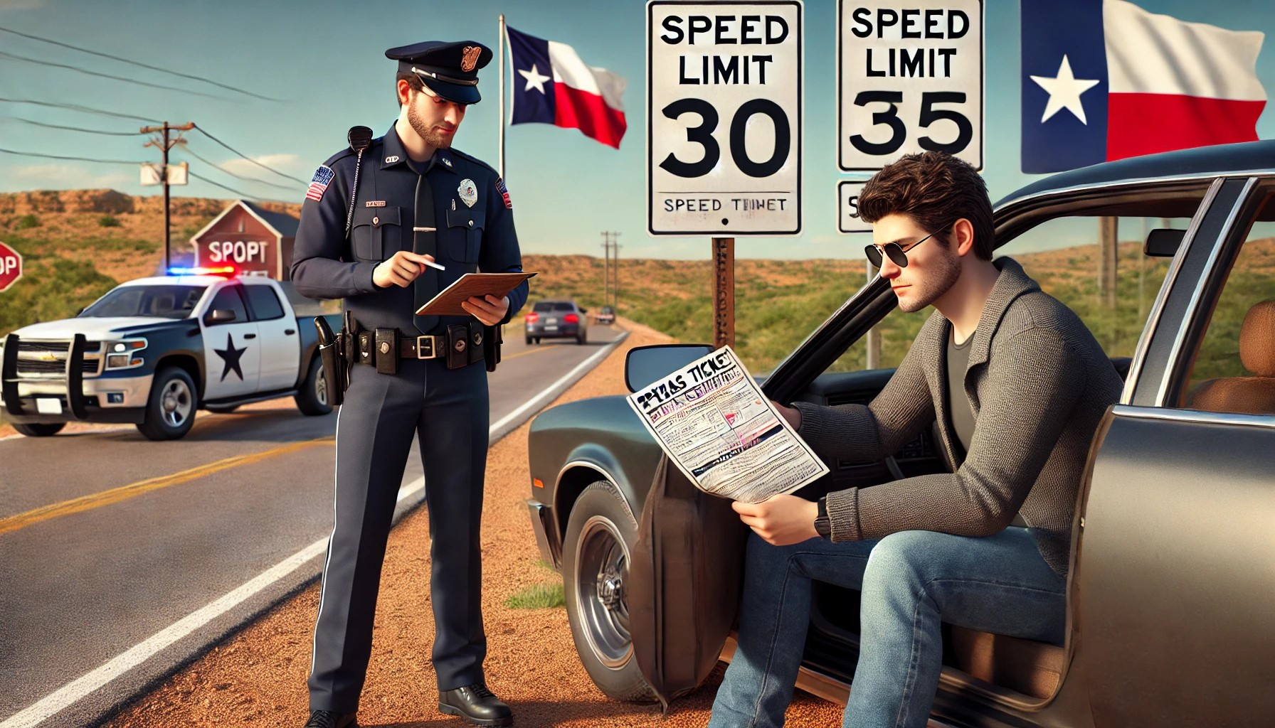 A police officer issuing a speeding ticket to a driver in Texas, illustrating the financial consequences of speeding violations in the state.