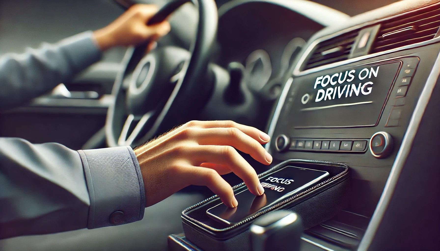 Close-up of a driver putting away their phone to focus on safe driving