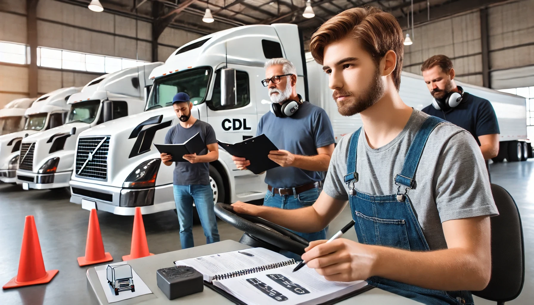 A new CDL trainee learning how to drive a commercial truck, preparing for a successful trucking career.