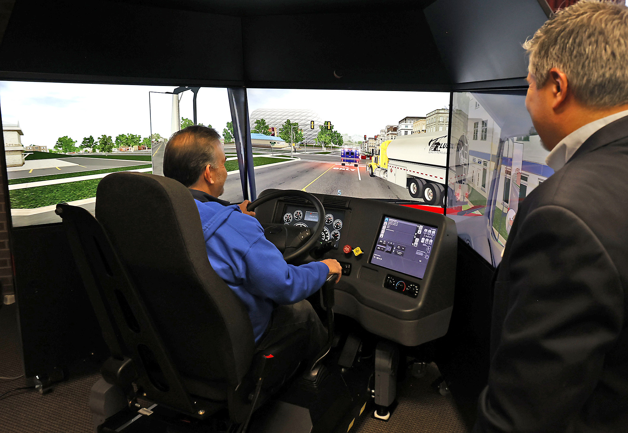 Student practicing on a truck simulator at Get Drivers Ed's CDL Truck Driving School.