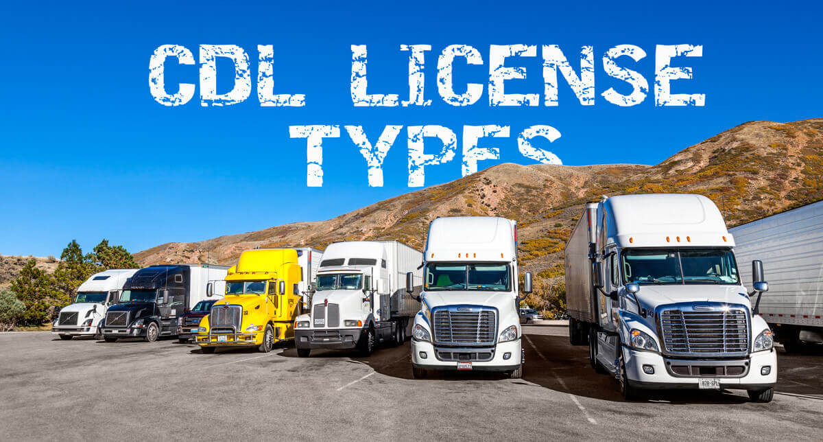 A variety of commercial vehicles representing CDL classes A, B, and C, presented by Get Drivers Ed