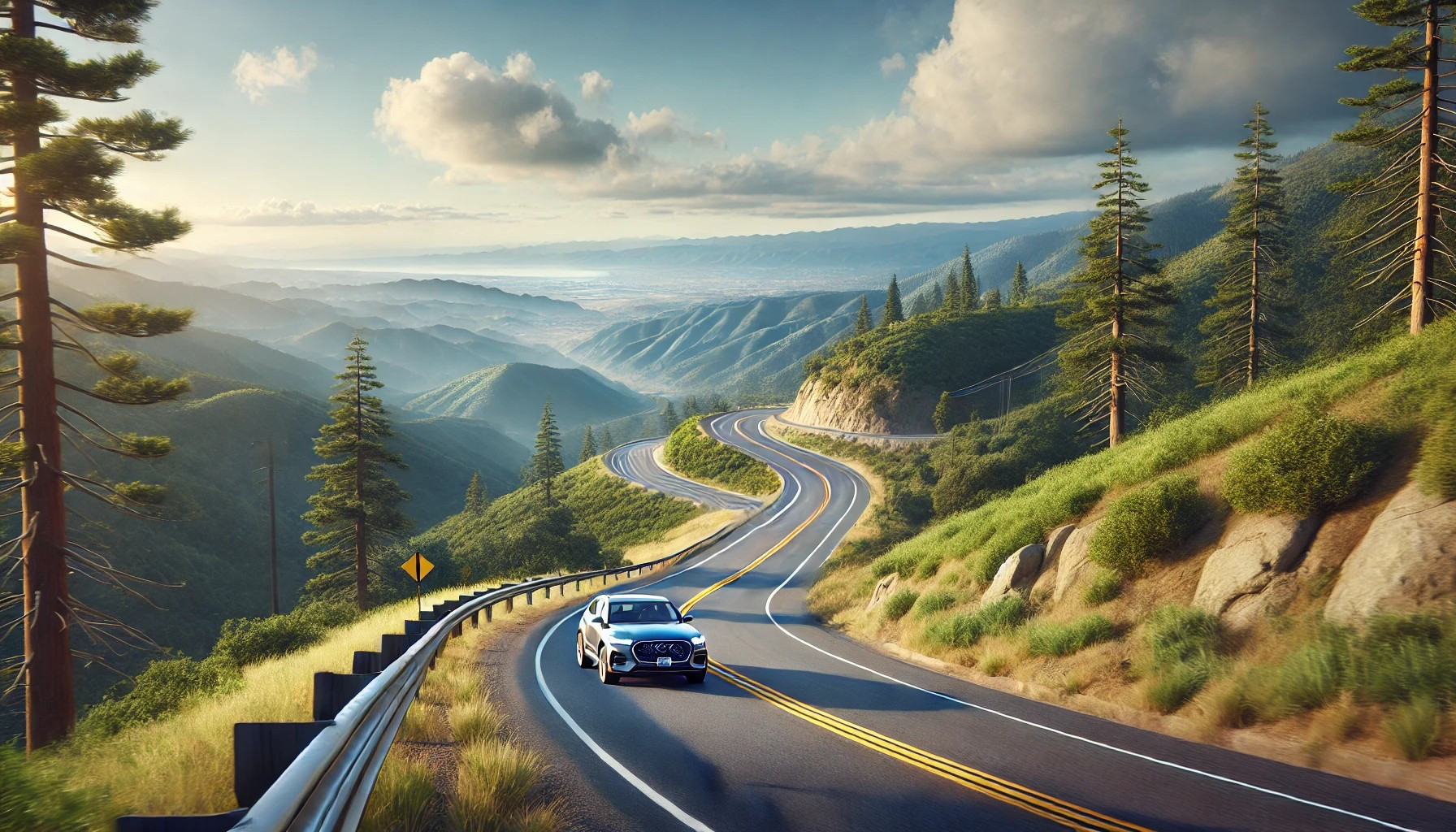 Car driving safely on a California mountain road with scenic views