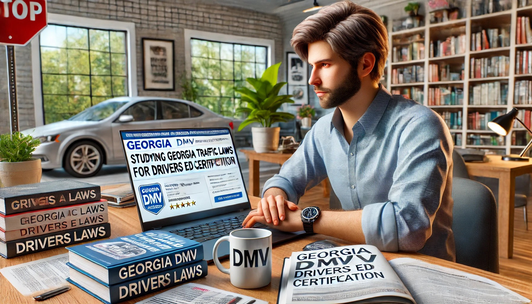 Adult learner studying Georgia traffic laws online for drivers ed certification and confident driving skills.