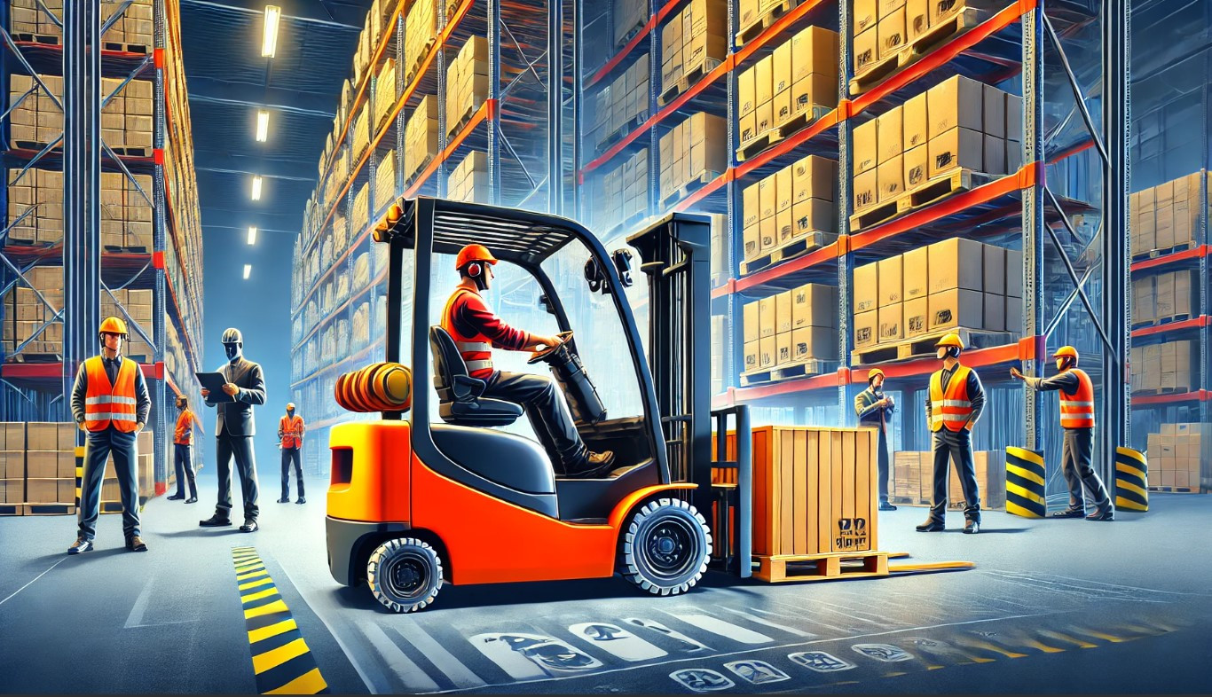 Forklift operator carefully moving materials in a busy warehouse.