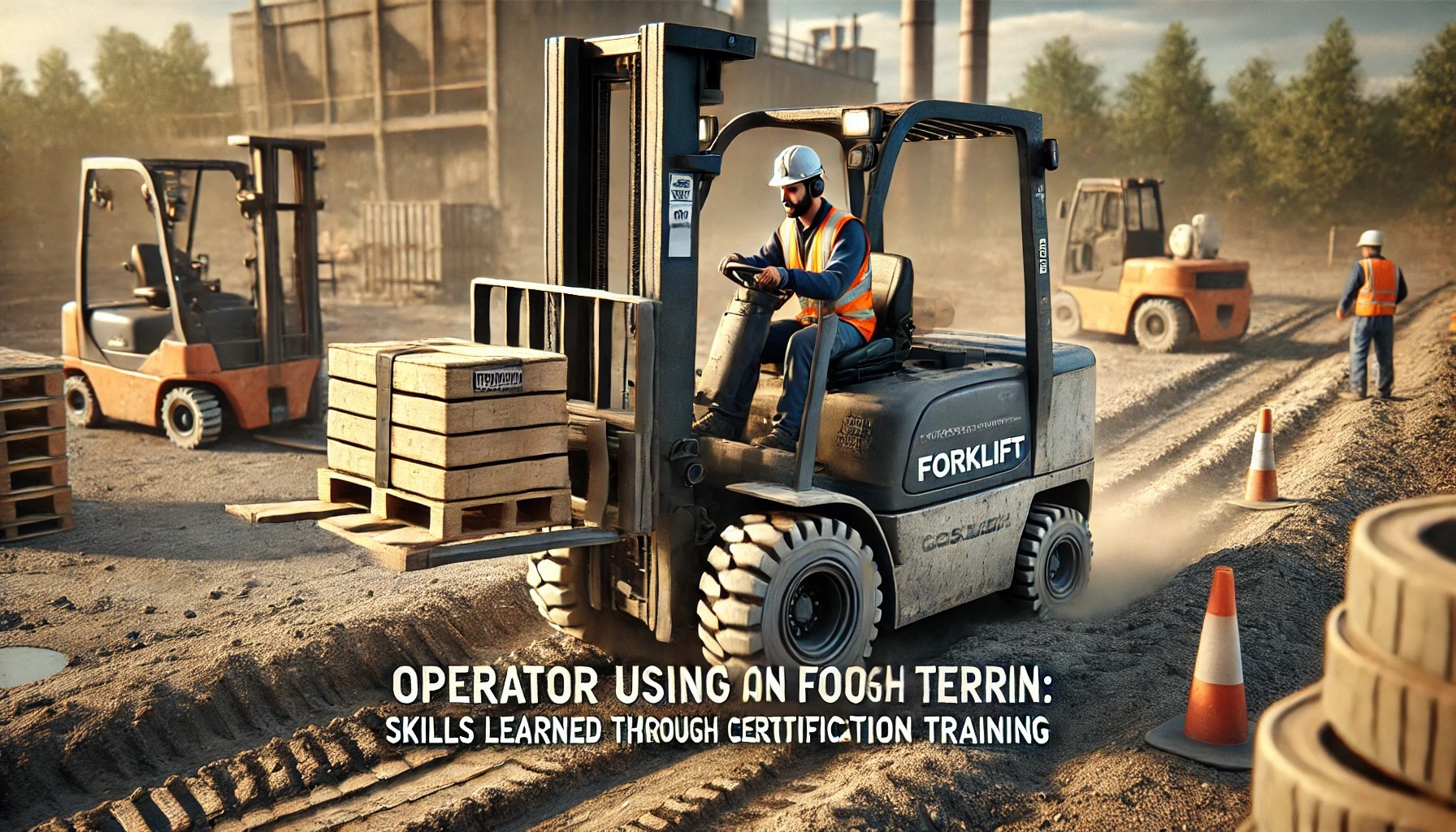 Operator using a forklift on rough terrain, showcasing skills learned through professional certification training.