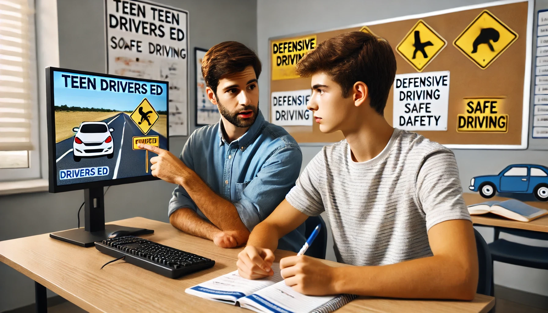 A teen driver practicing safe driving skills through an online drivers ed course to gain confidence and pass the driving test.