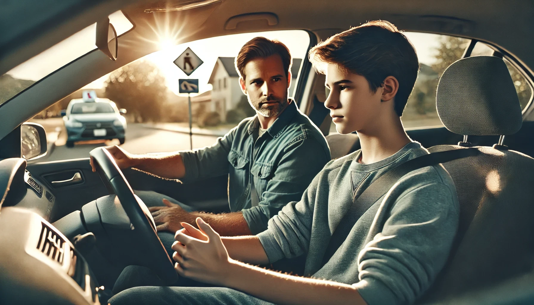 A parent guiding their teen through a structured parent-taught drivers ed program to help them develop safe driving skills.