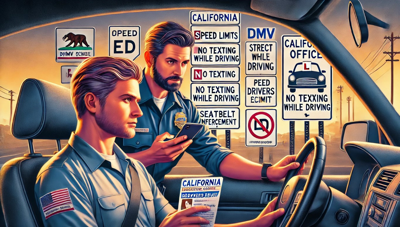 California highway with traffic signs, illustrating strict driving laws and safety regulations.