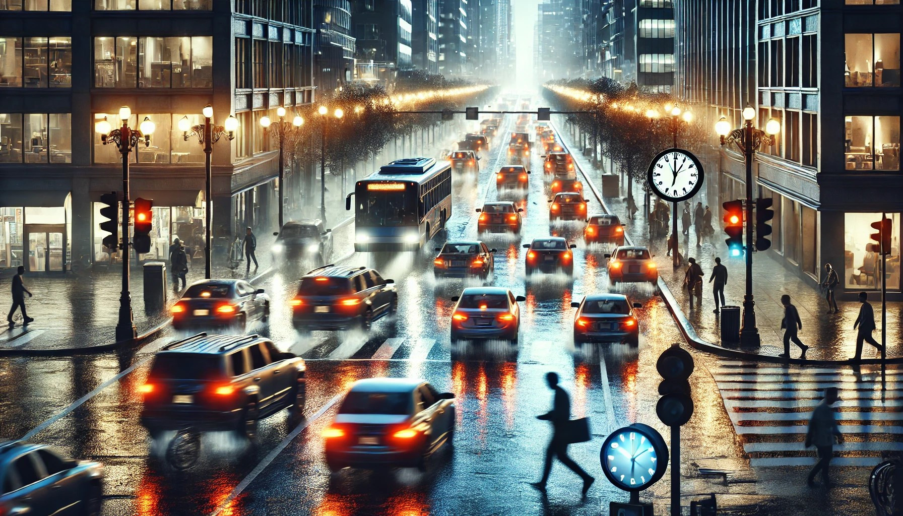 An image depicting heavy traffic during rush hour, illustrating the dangers of driving during peak times.