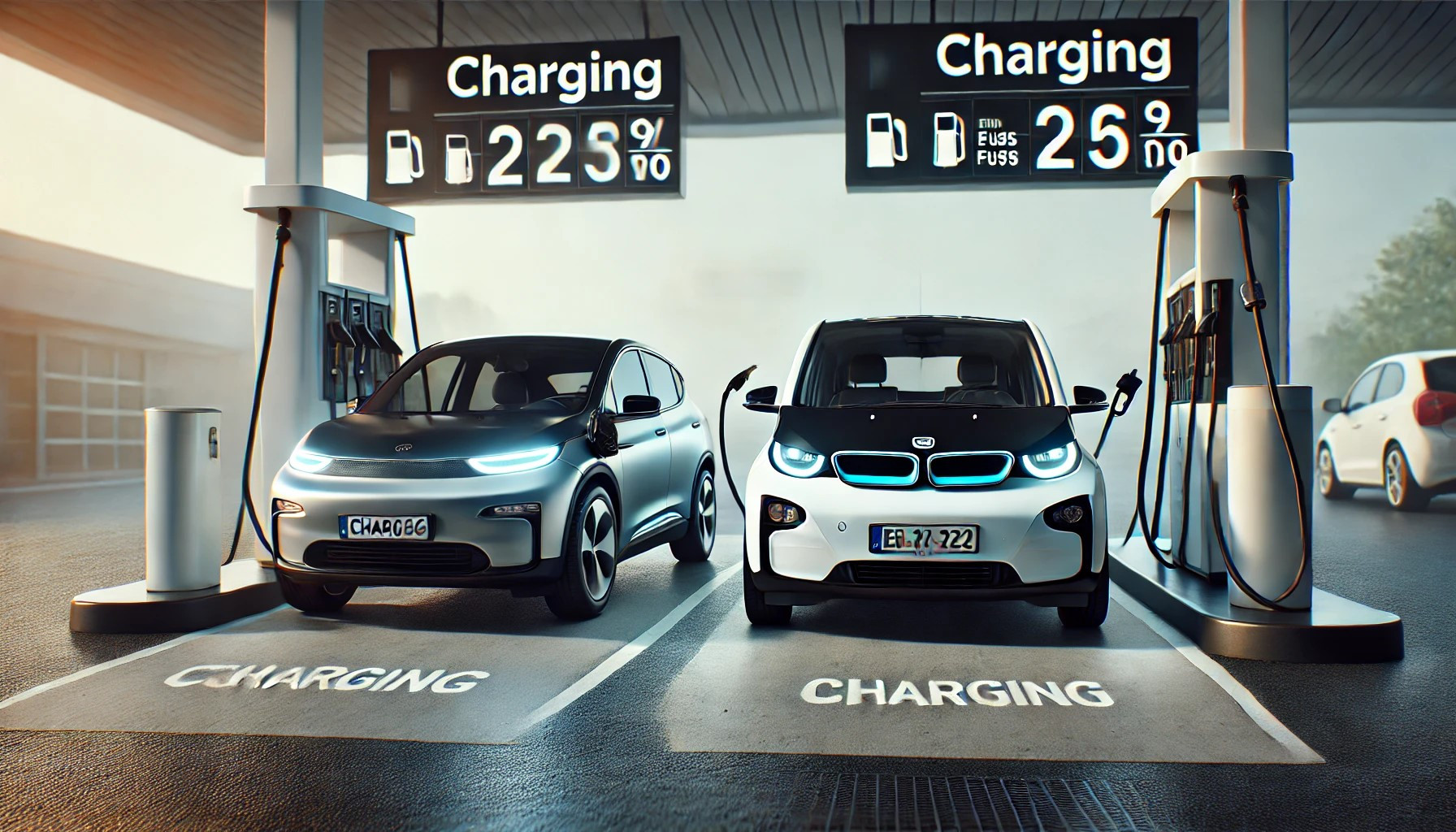 An electric car charging next to a gas-powered car at a fuel station, representing the comparison between electric and gas-powered vehicles.