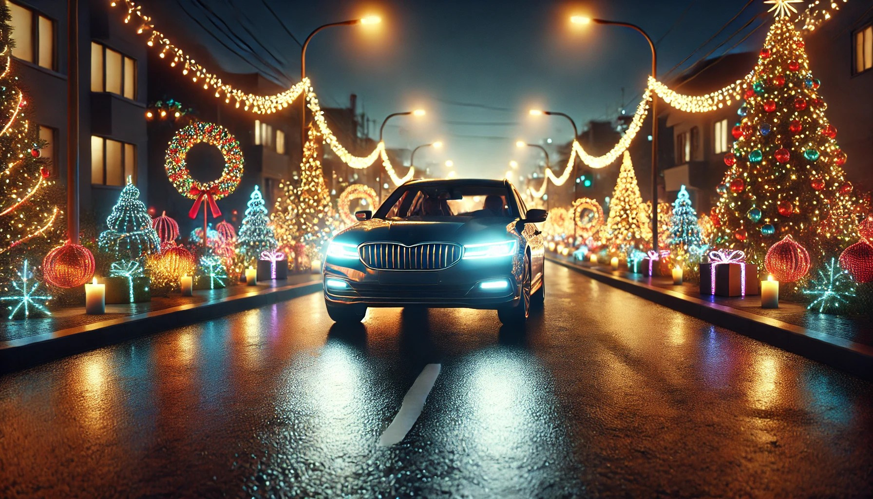 Car driving at night with holiday lights in the background