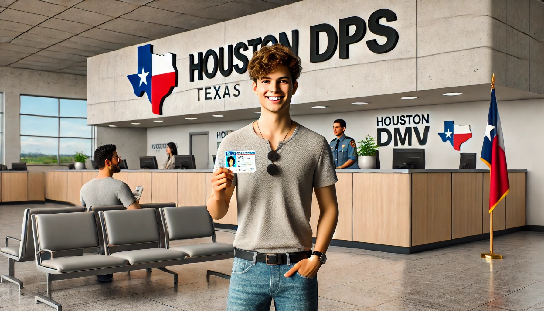 Young adult receiving driver’s license at a Houston DPS office