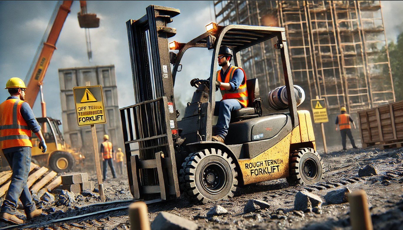 Certified forklift operator handling a rough terrain forklift on a construction site with uneven ground.