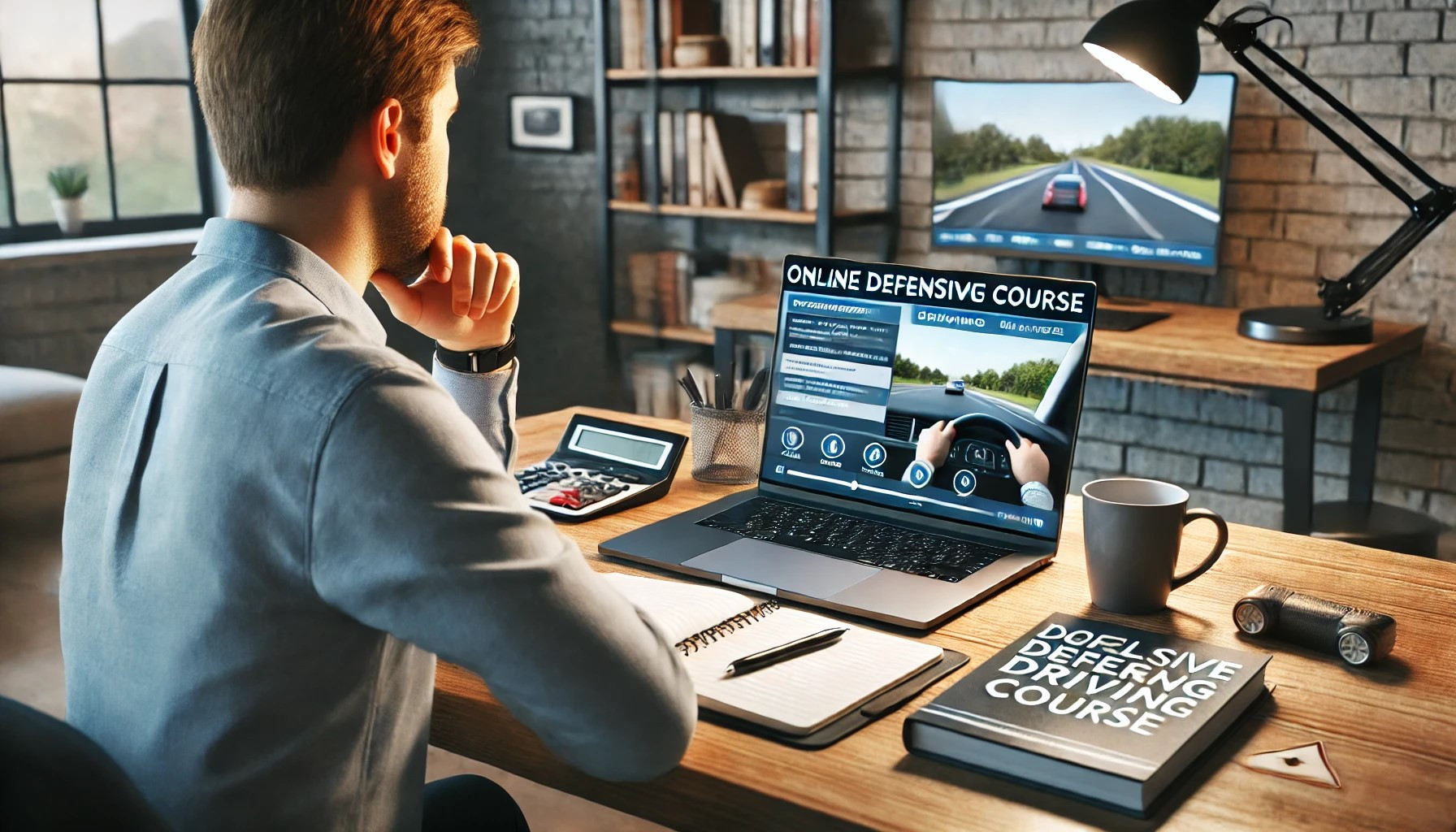 A person taking an online defensive driving course on a laptop, learning essential skills for safer driving.