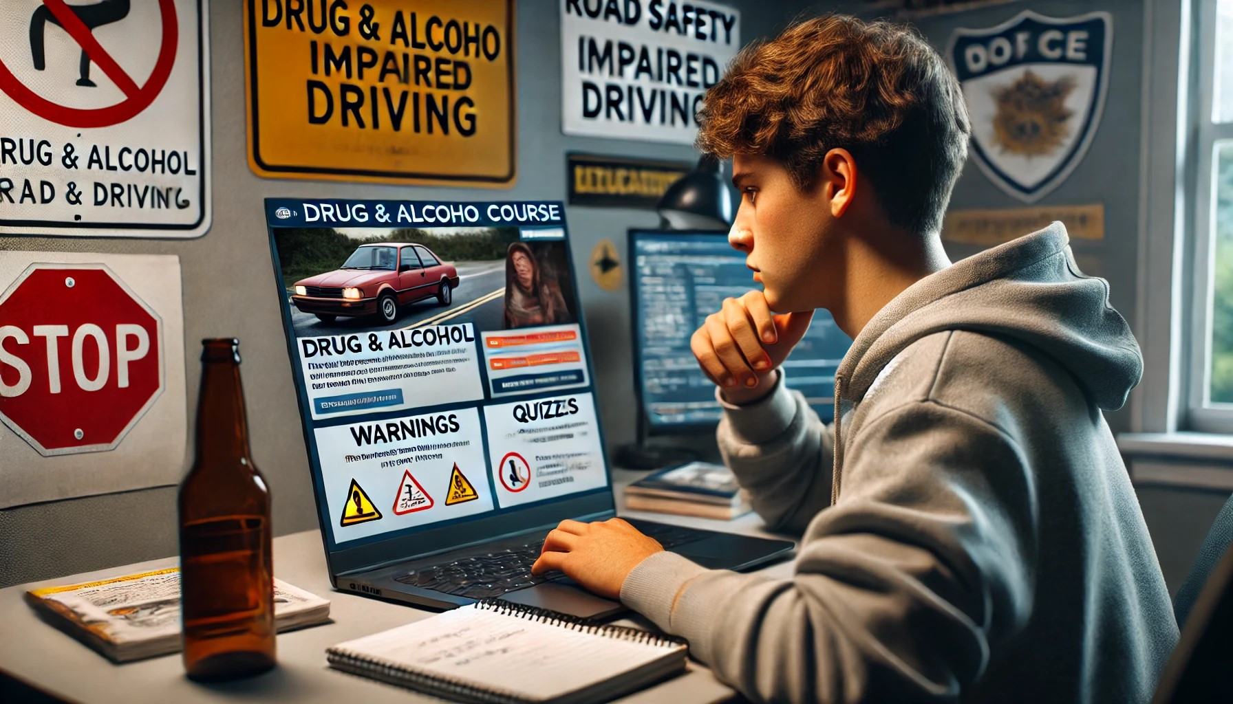 A teenager taking an online drug and alcohol course on a laptop, learning about the dangers of impaired driving.