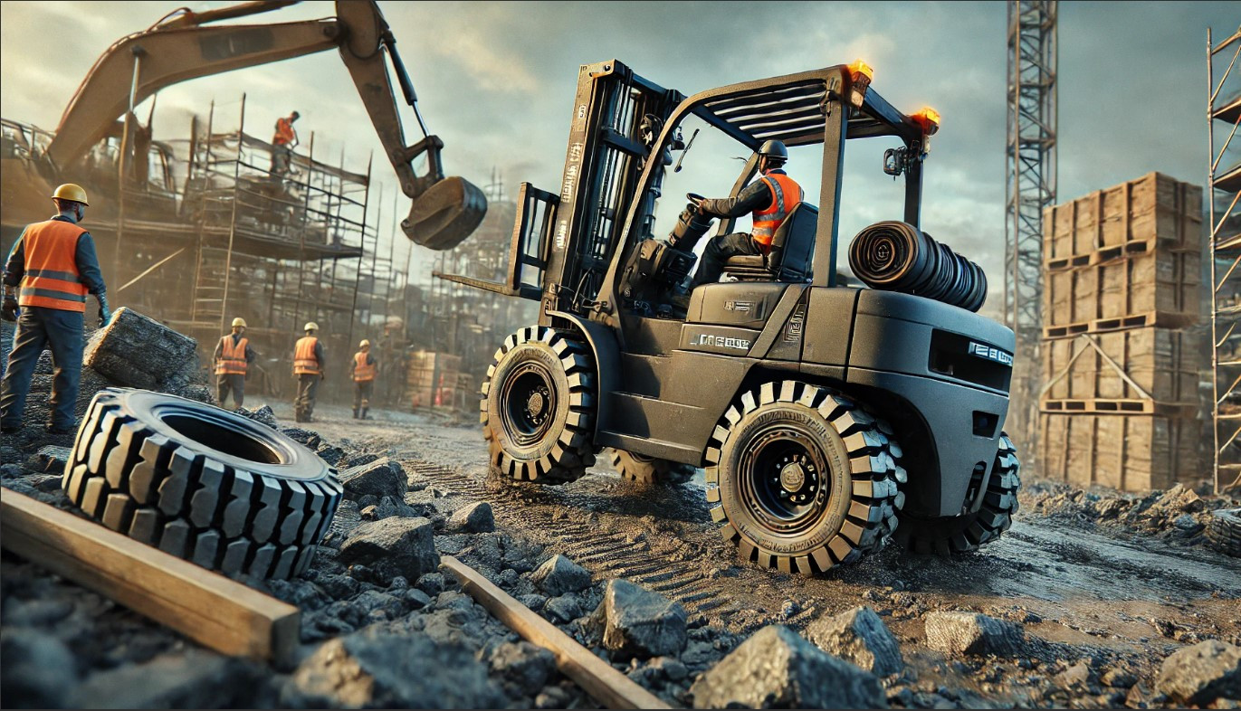 Certified rough terrain forklift operator moving heavy materials on a construction site.