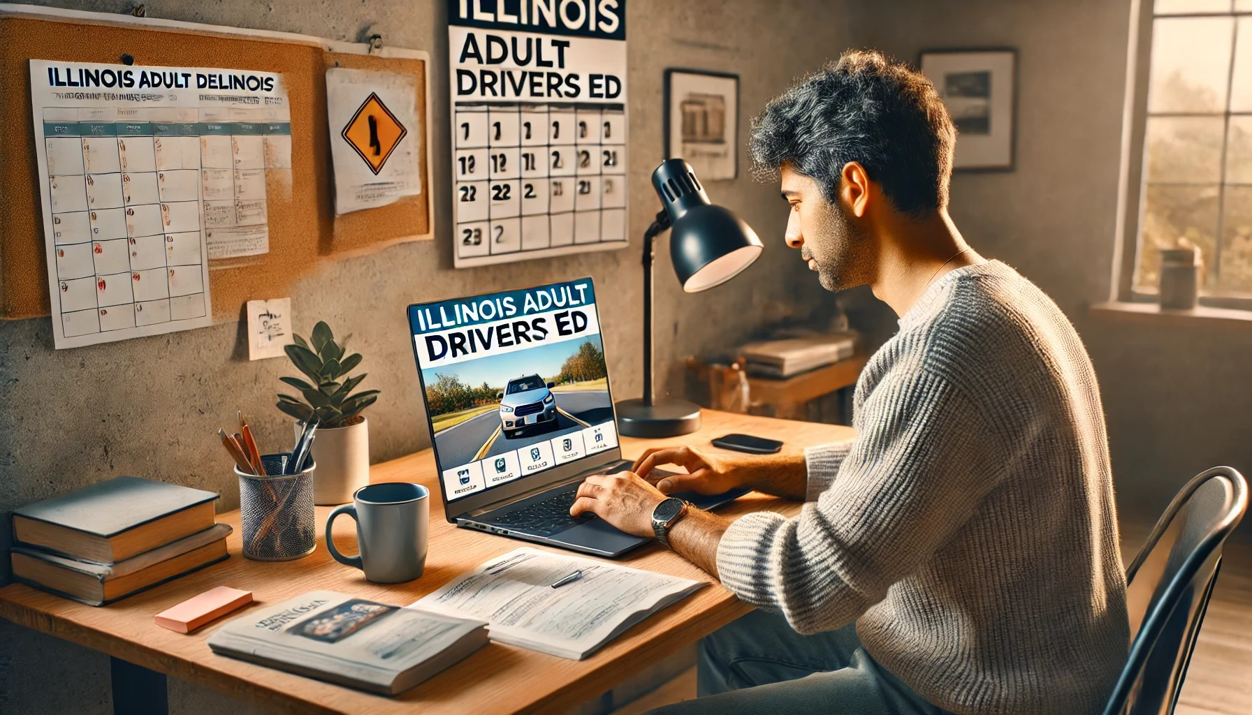 Adult learner studying Illinois Adult Drivers Ed on a laptop to prepare for the driving exam and improve driving skills.