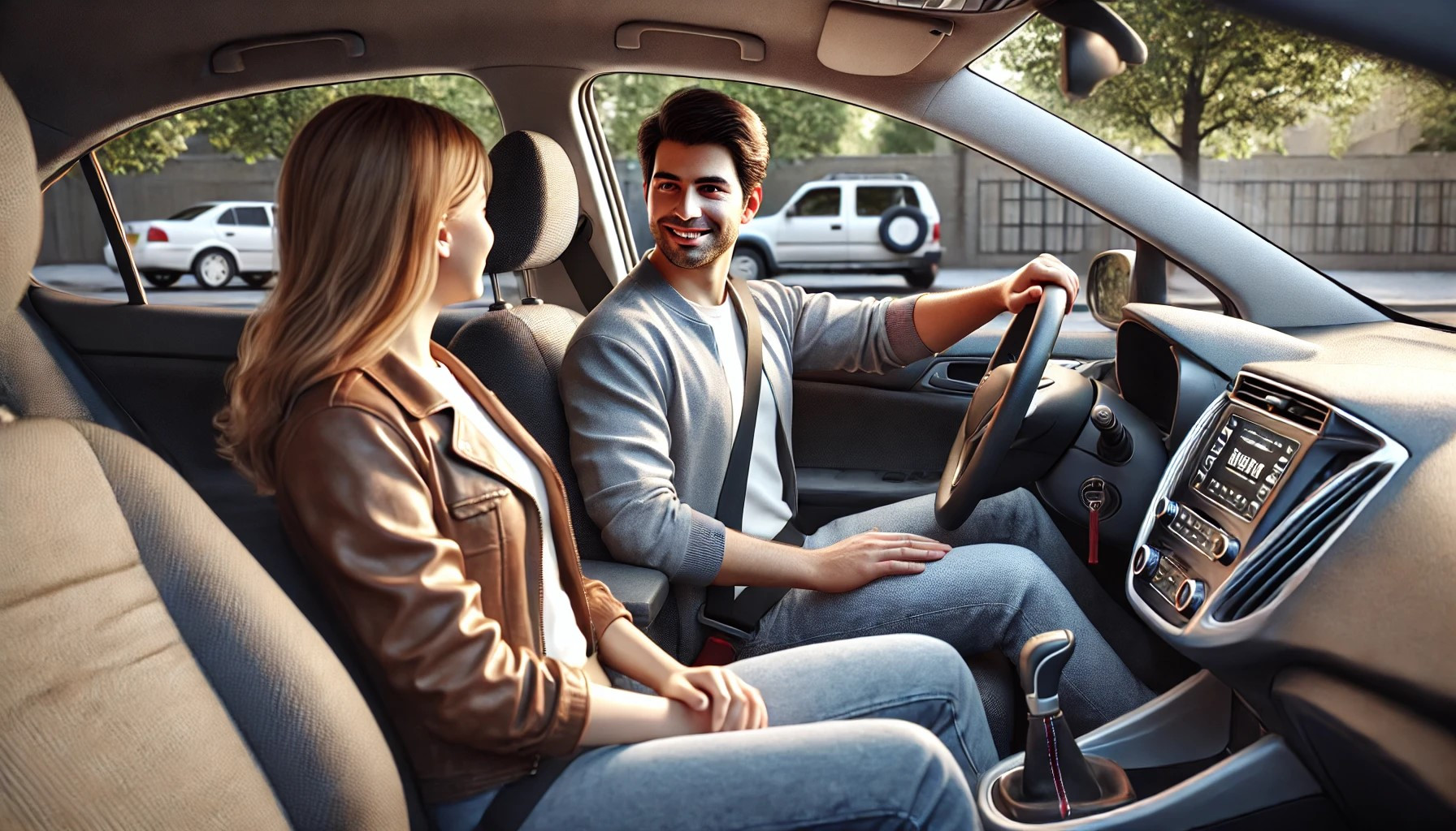 A driving instructor giving tips to a new driver during a lesson to help them feel more confident and safe behind the wheel.