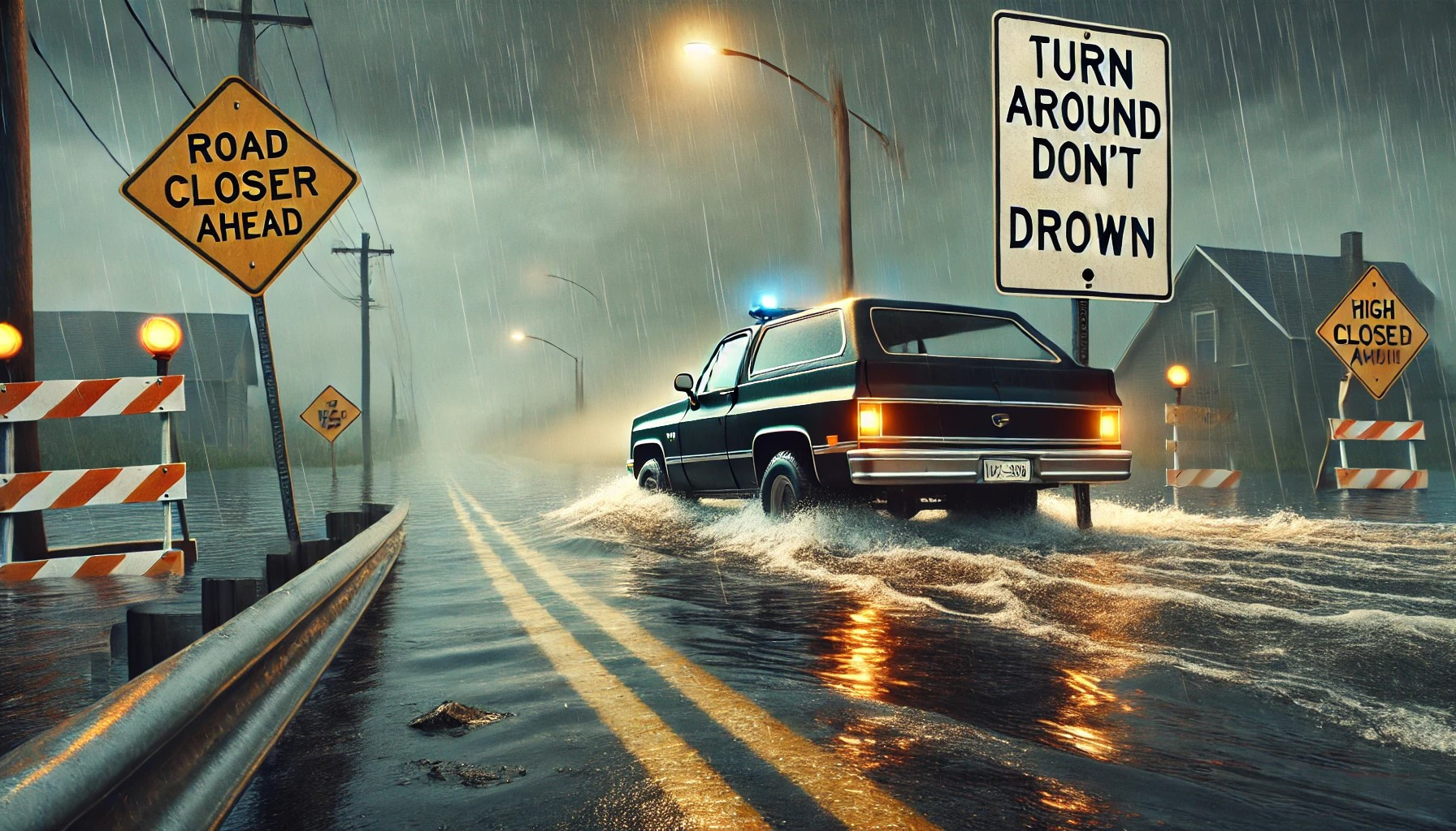 A car turning around at a flooded road with safety signs, illustrating the Turn Around Don’t Drown flood safety warning.