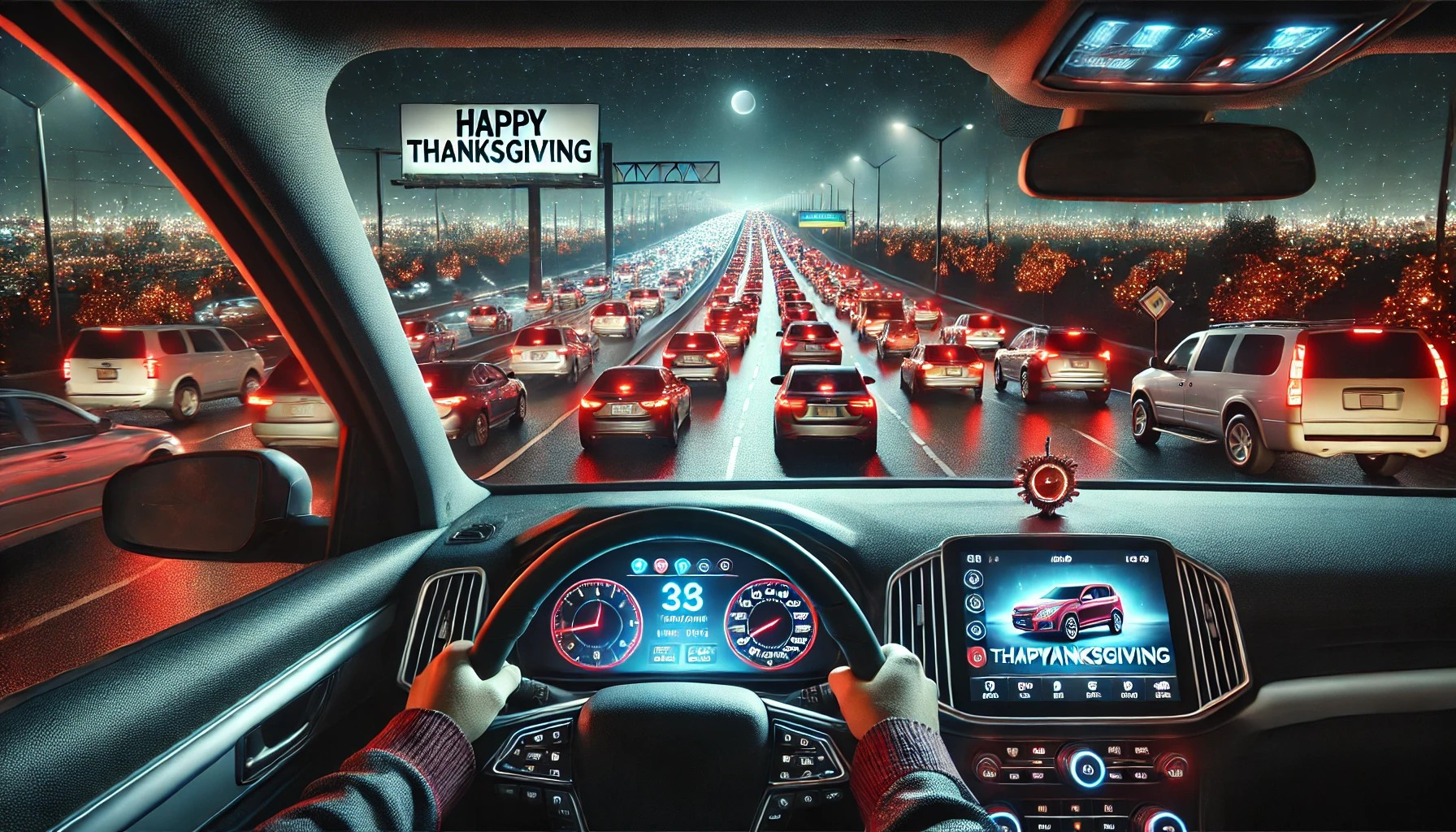 Car driving on a road at night with Thanksgiving holiday traffic