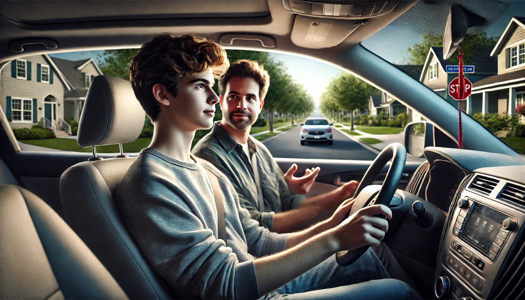 Parent teaching teen to drive in a quiet neighborhood with a calm approach