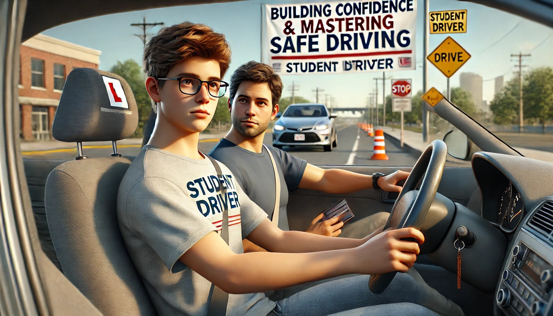 Teen learning to drive with a professional instructor, building confidence and mastering safe driving skills.