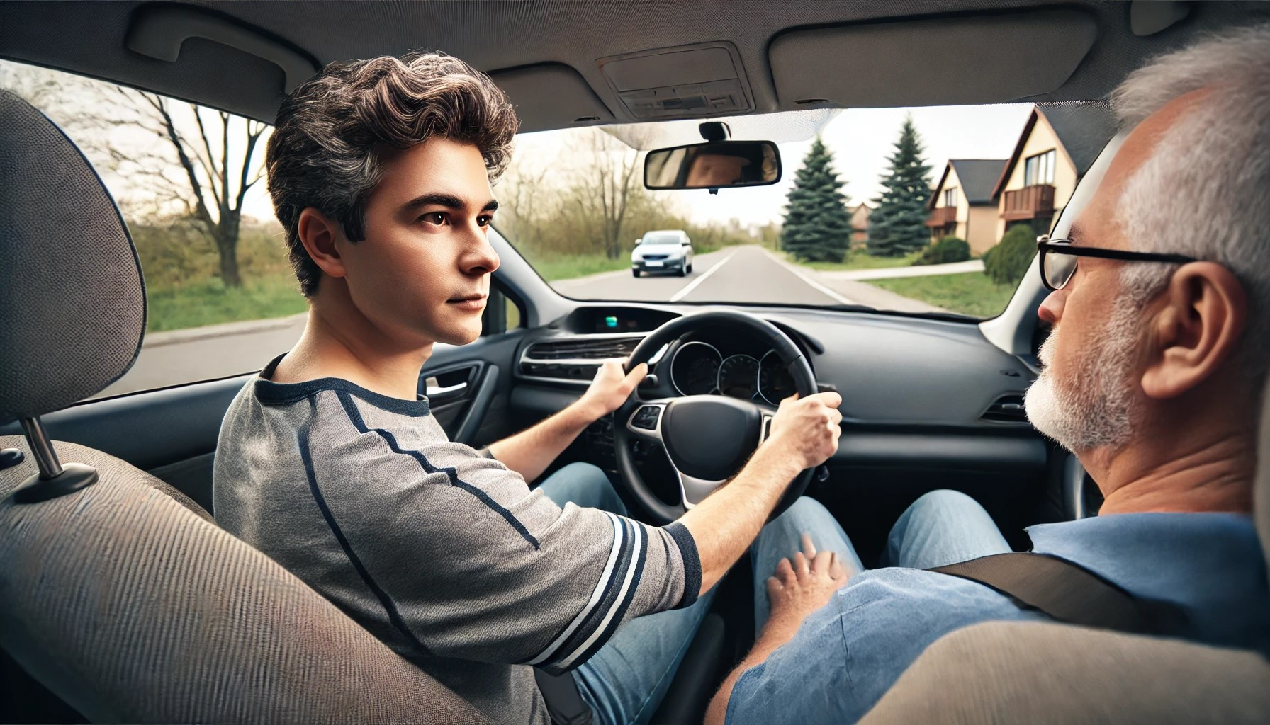 Adult drivers ed instructor helping a student behind the wheel