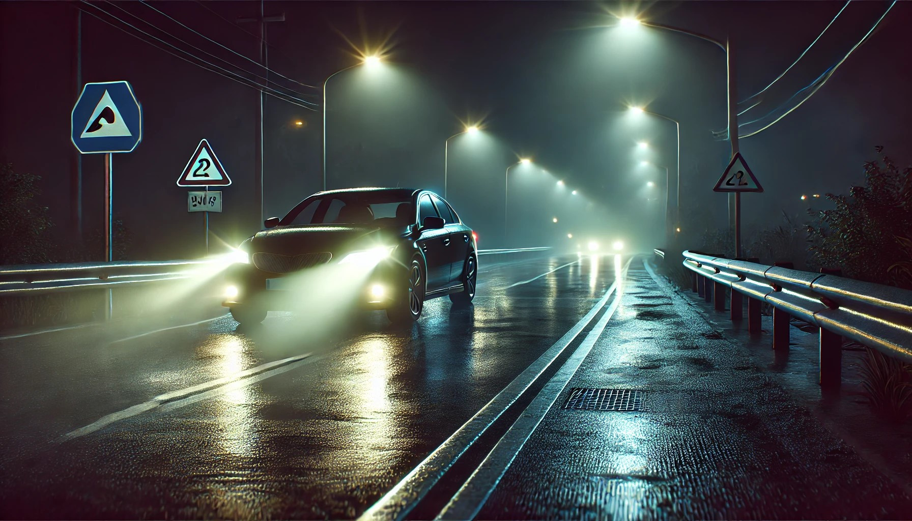 A car driving cautiously at night with headlights on, emphasizing the dangers of nighttime driving and staying safe during hazardous times.