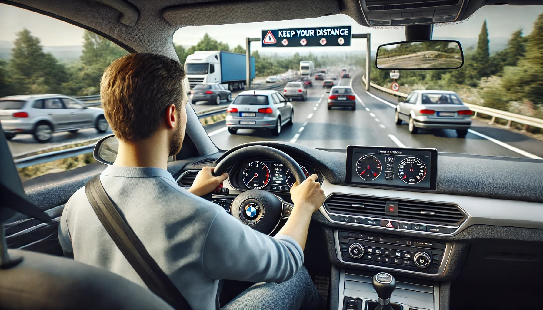 A responsible driver focused on the road, practicing defensive driving techniques to ensure road safety for all drivers.