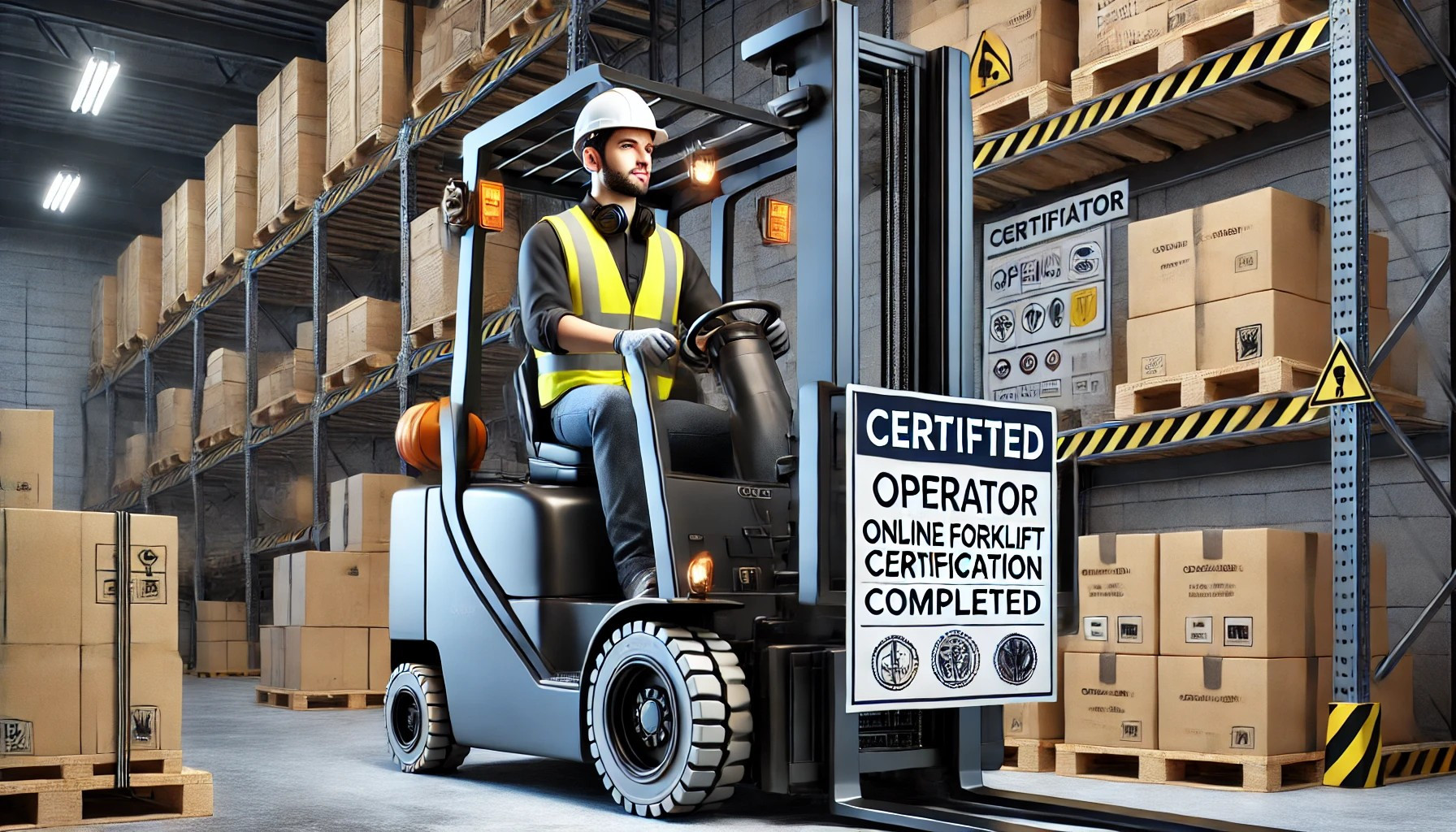 Worker operating a forklift after completing an online forklift certification course.