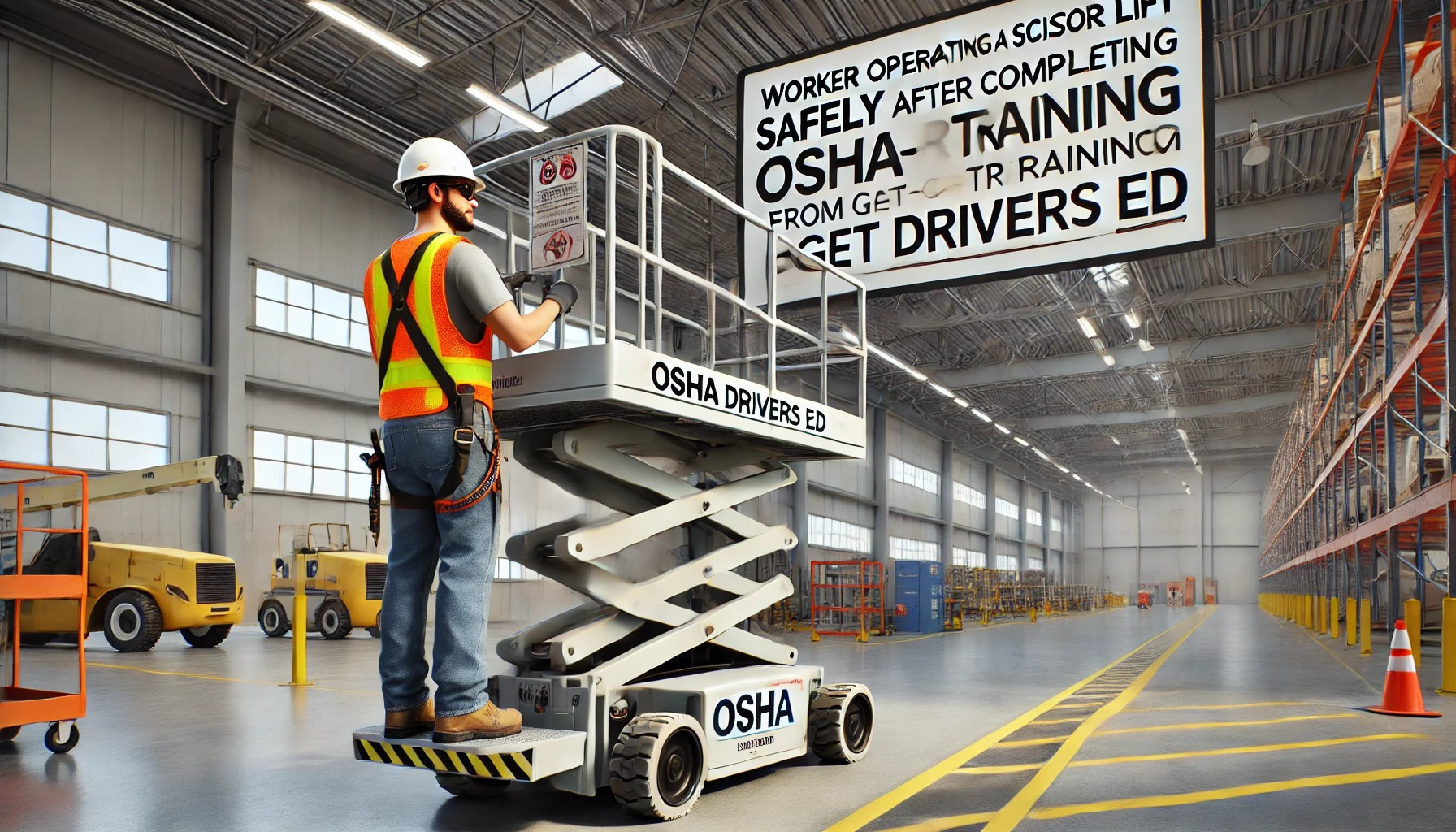 Worker operating a scissor lift safely after completing OSHA-compliant training from Get Drivers Ed.