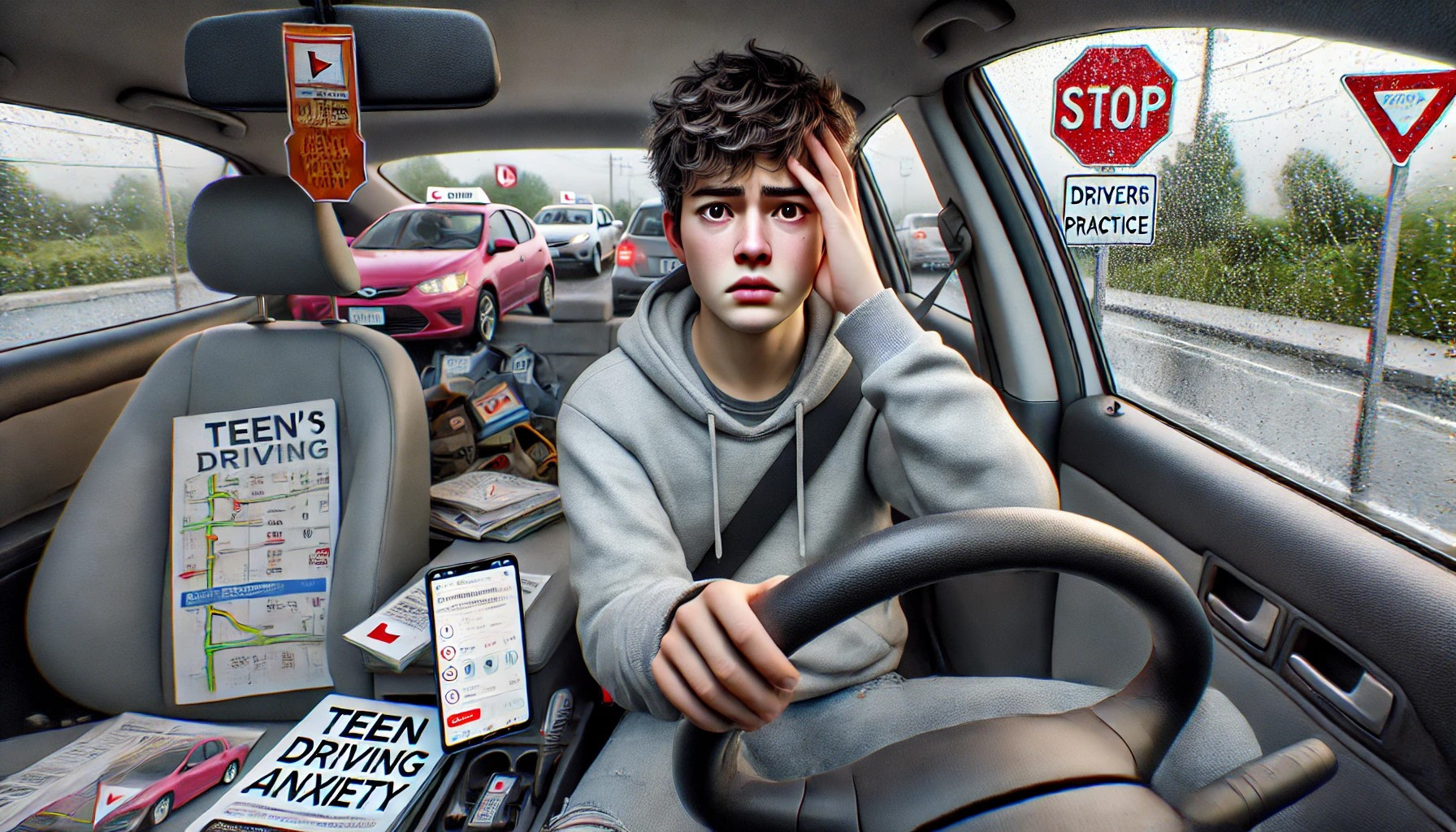 A teenage driver practicing safe driving skills on a calm road, guided by a supportive instructor.