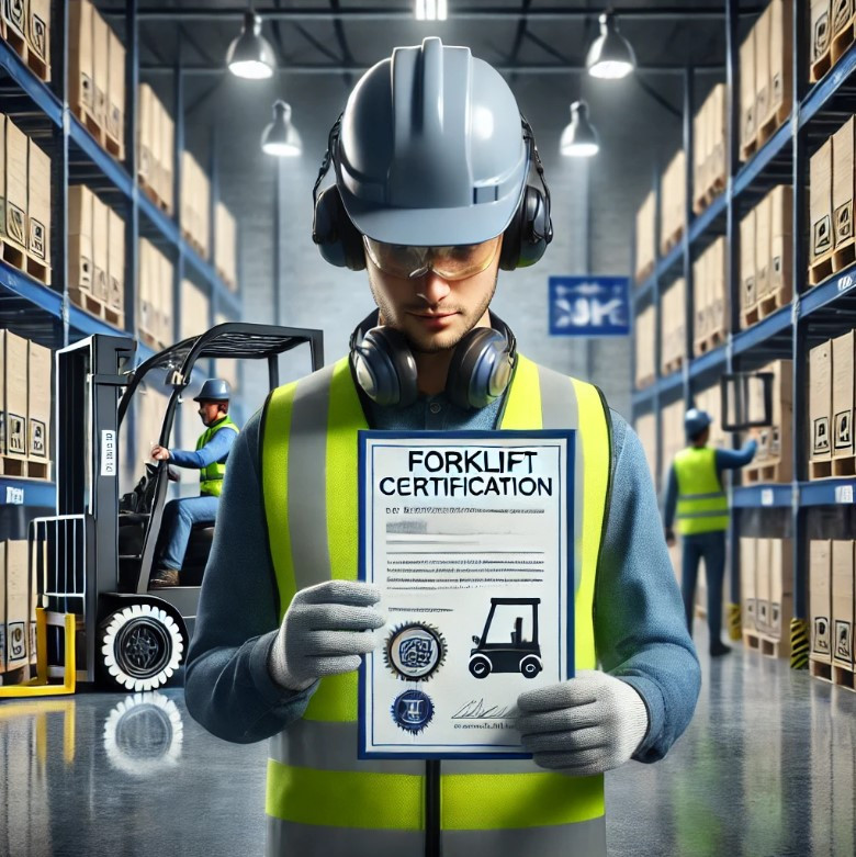 Certified forklift operator carefully maneuvering a forklift in a warehouse, showcasing the importance of forklift certification for safety and productivity