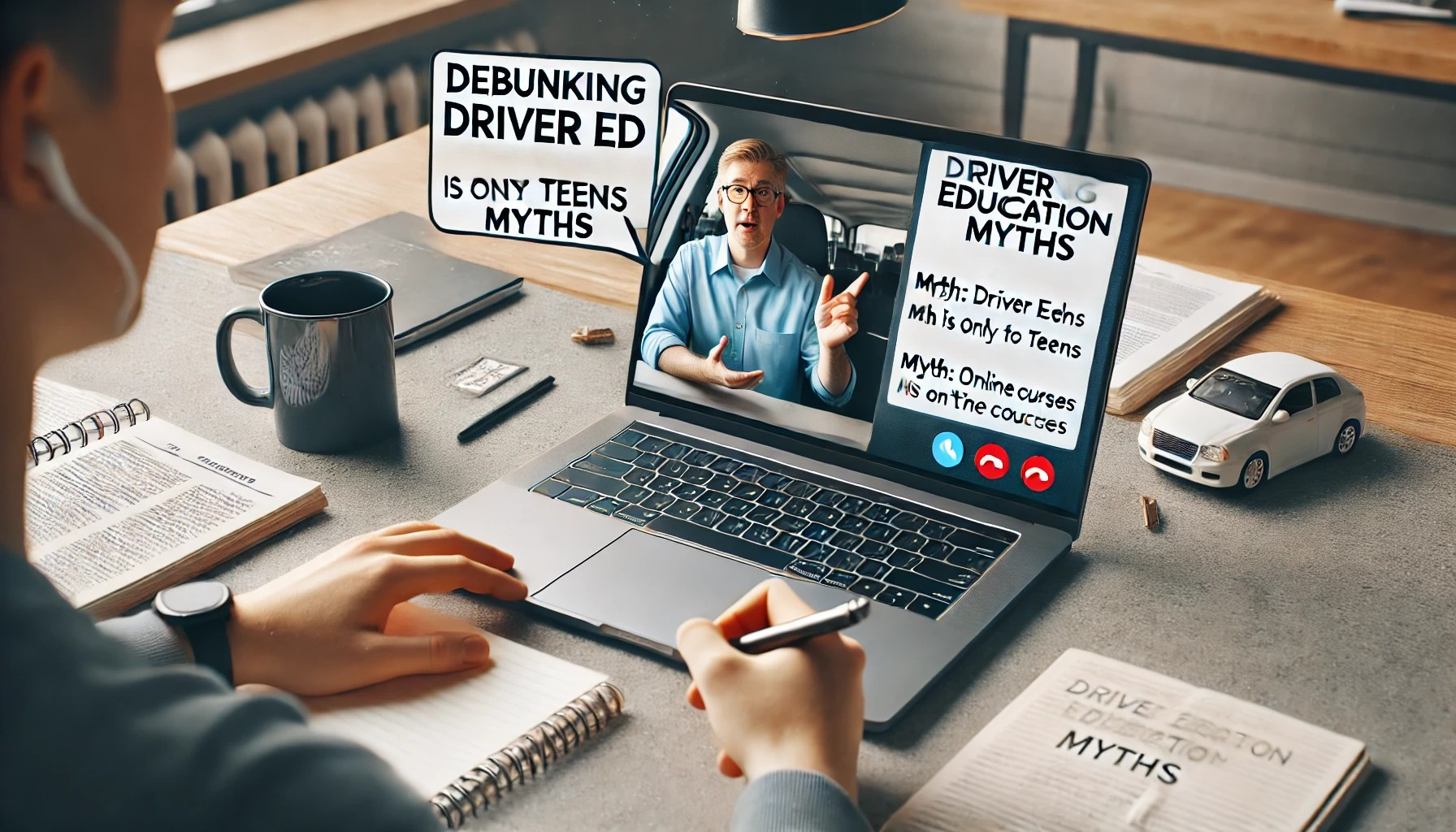 Driver education instructor debunking common myths to a student in an online course setting