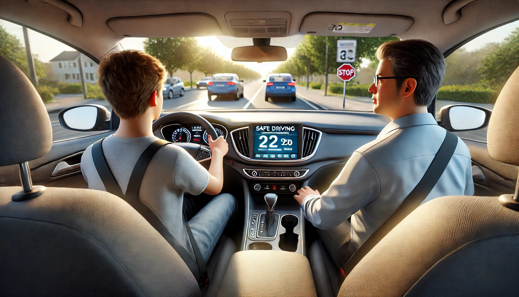 A first-time driver practicing safe driving techniques with guidance from a professional instructor.