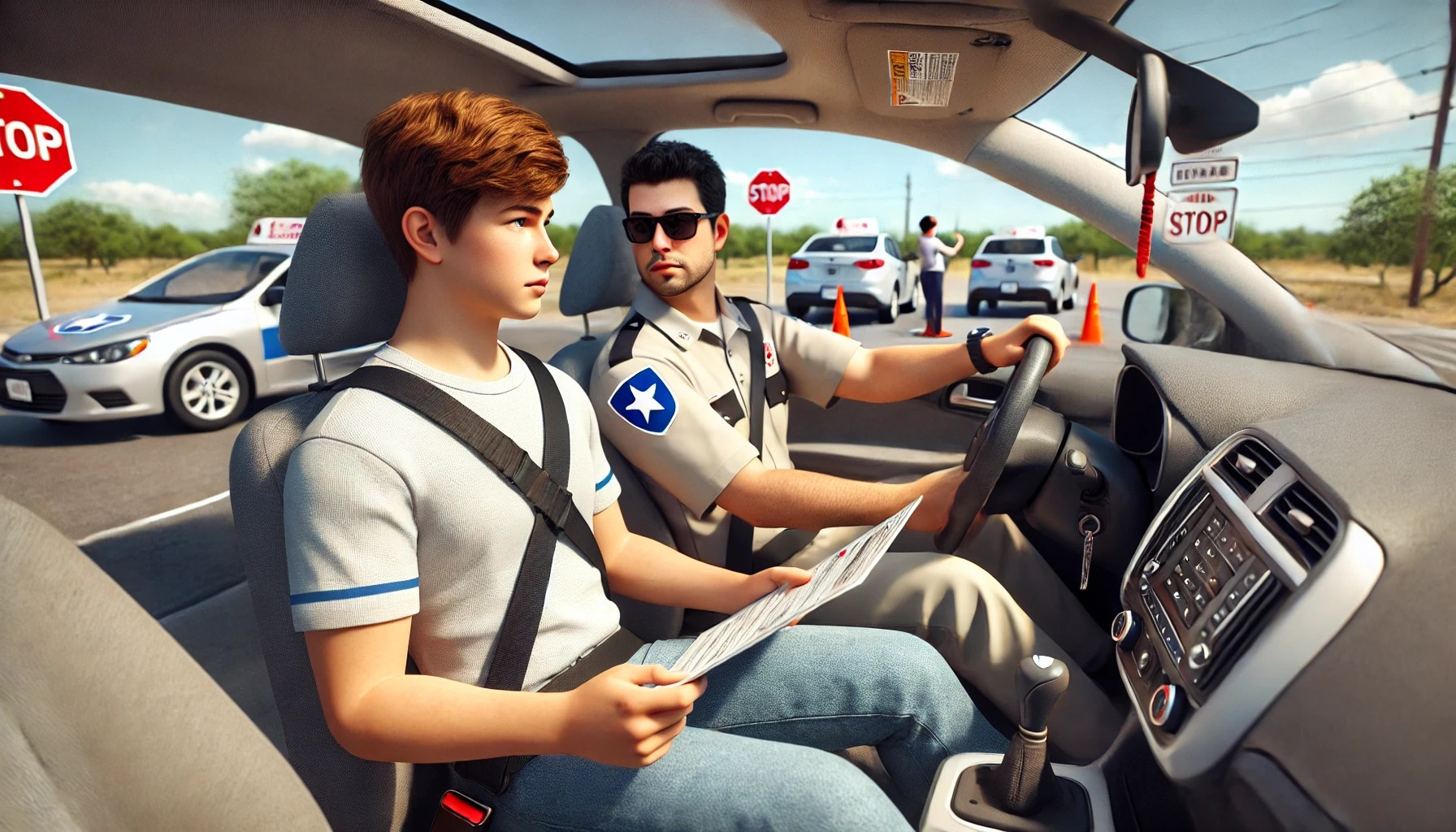 A student practicing driving maneuvers with an instructor to prepare for the Texas driving test.