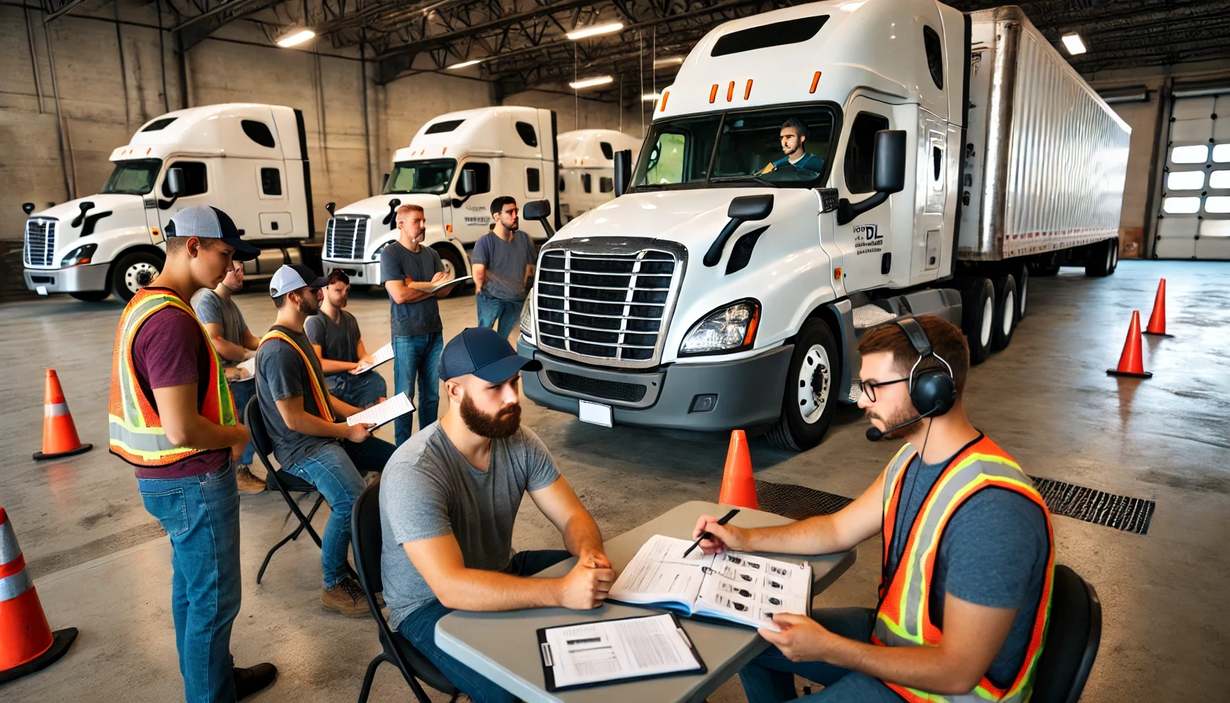 A CDL trainee learning to drive a commercial truck, preparing for a successful career in the trucking industry.