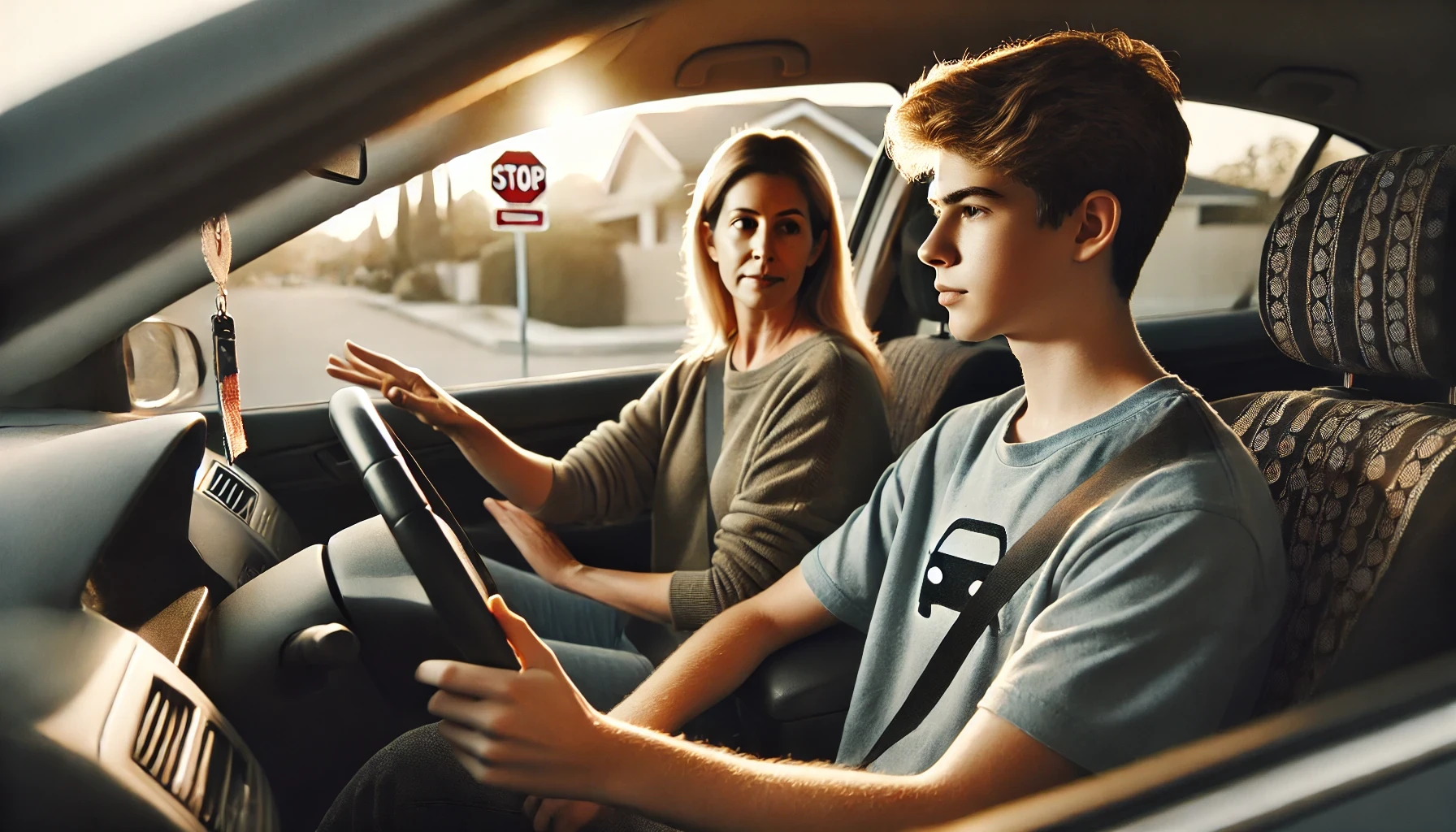 A parent teaching their teen safe driving techniques as part of a parent-taught drivers ed program.