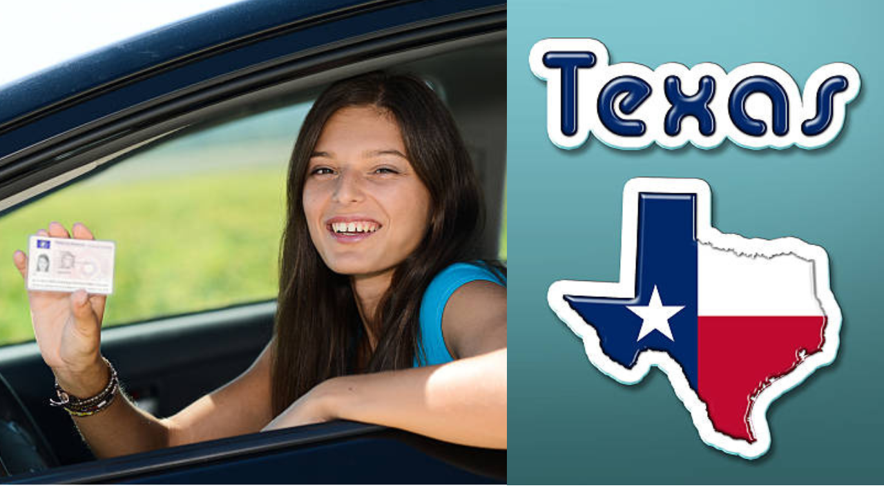 Image showing a happy teen holding a Texas driver's license, celebrating after passing the driving test.