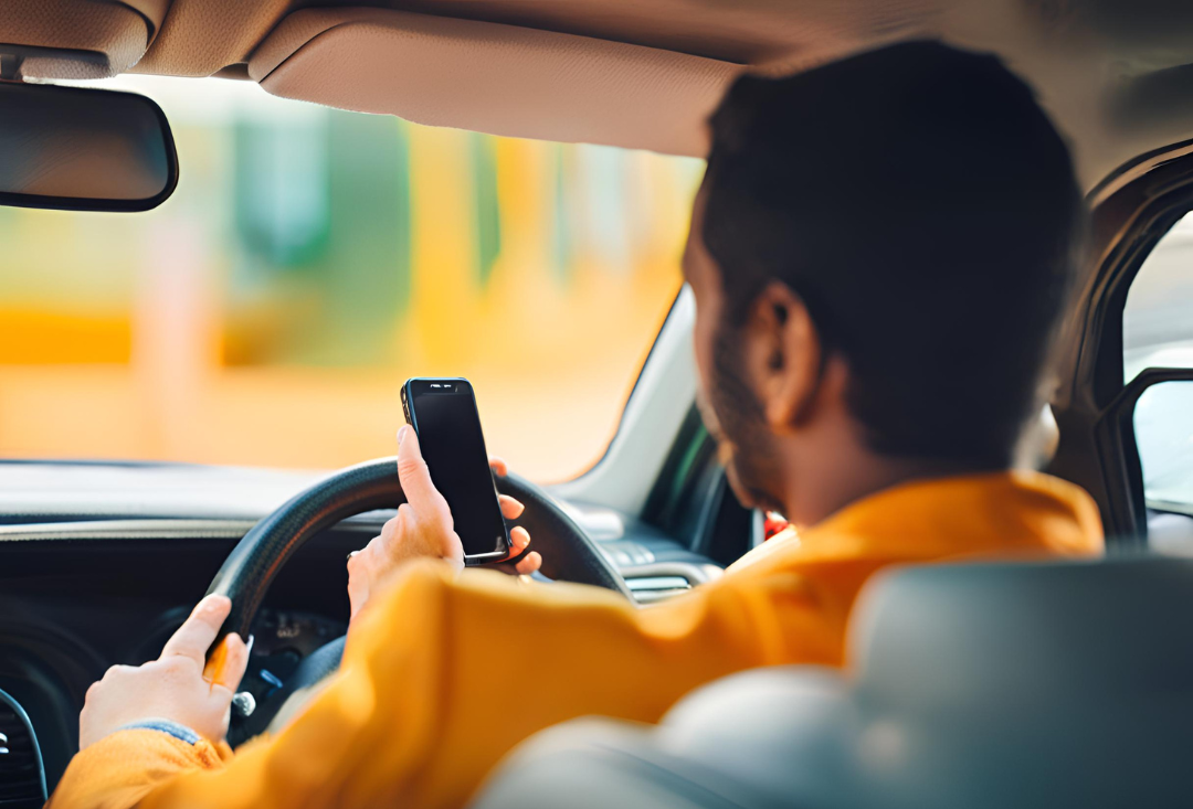 Driver using a smartphone, highlighting the risks of distracted driving as discussed by Get Drivers Ed.