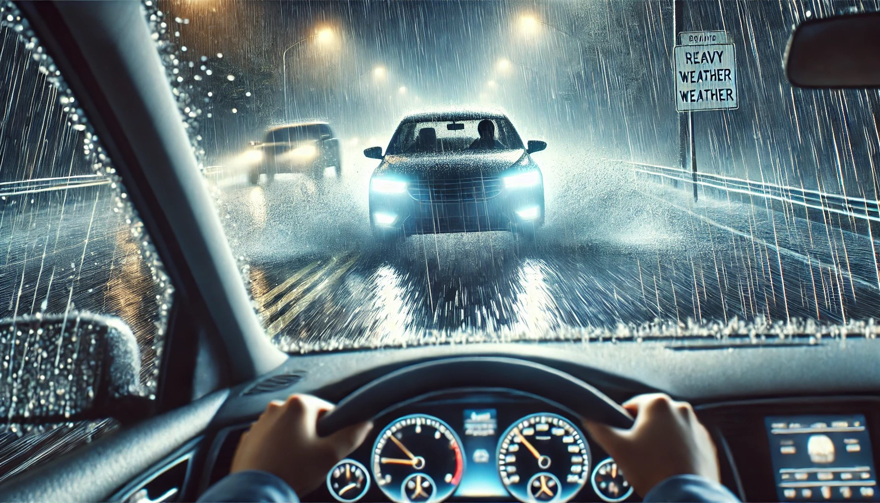 Car navigating through heavy rain with headlights on, following safe driving tips in severe weather conditions